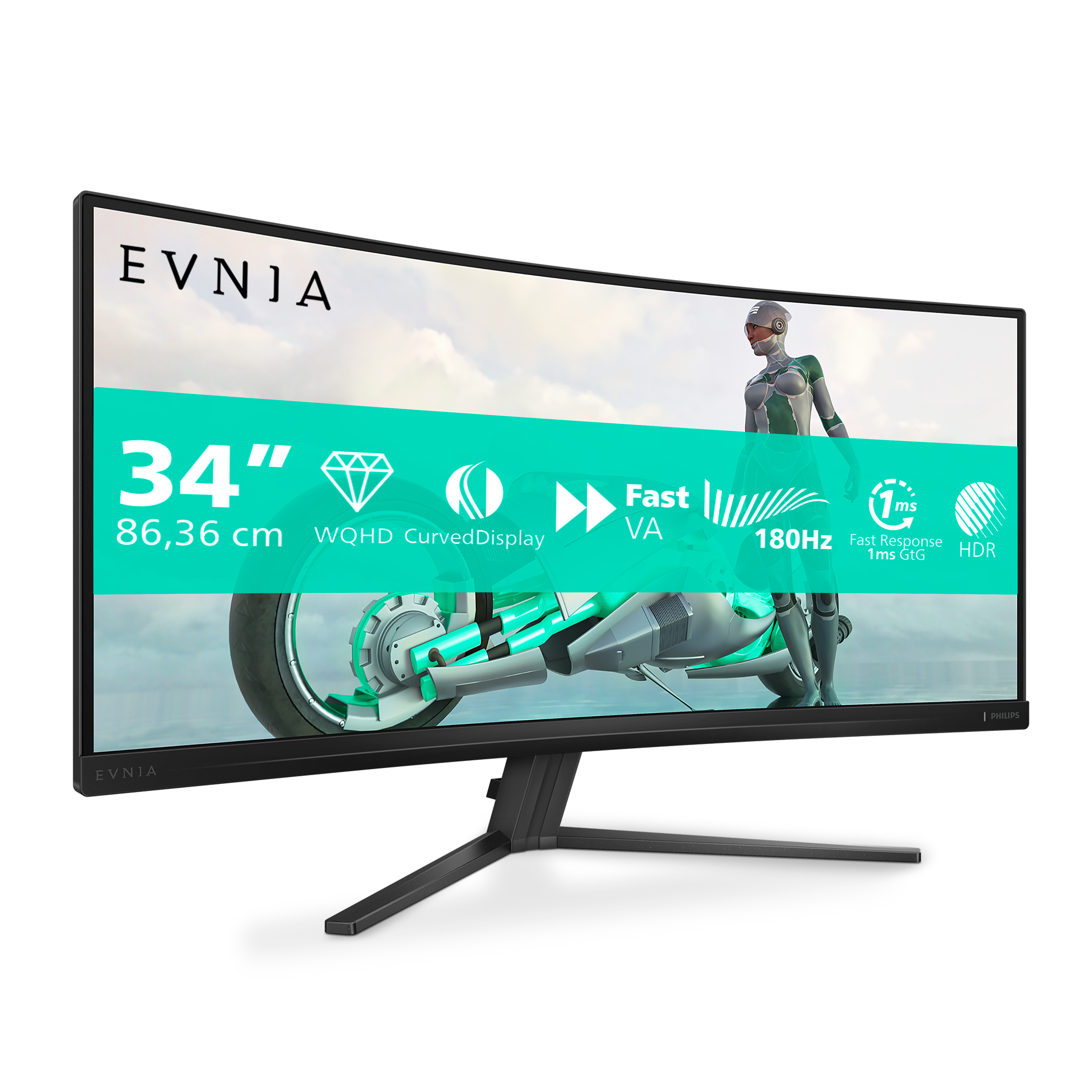 Der gekrümmte Monitor zeigt ein futuristisches Motorrad und eine Figur. Inklusive Spezifikationen: 34", 180Hz, 1ms, HDR.
