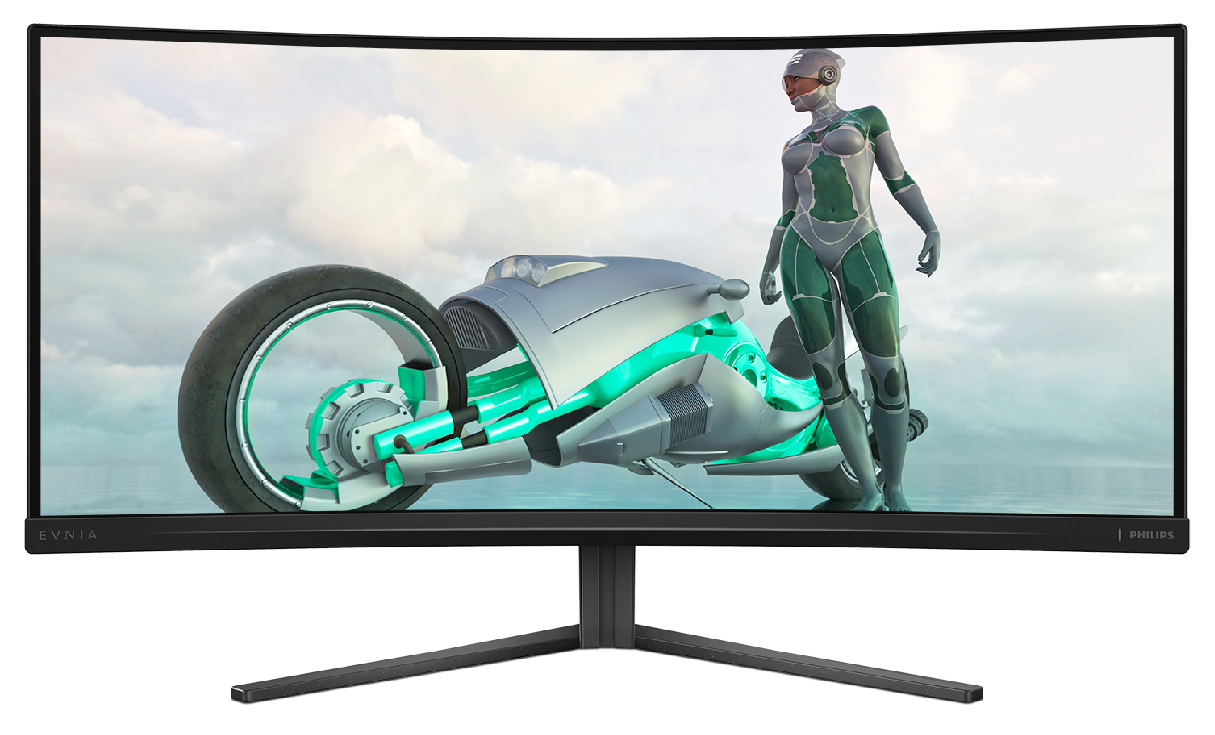Eine futuristische Frau und ein Motorrad werden auf einem gebogenen Bildschirm dargestellt. Das Motorrad hat neongrüne Akzente.
