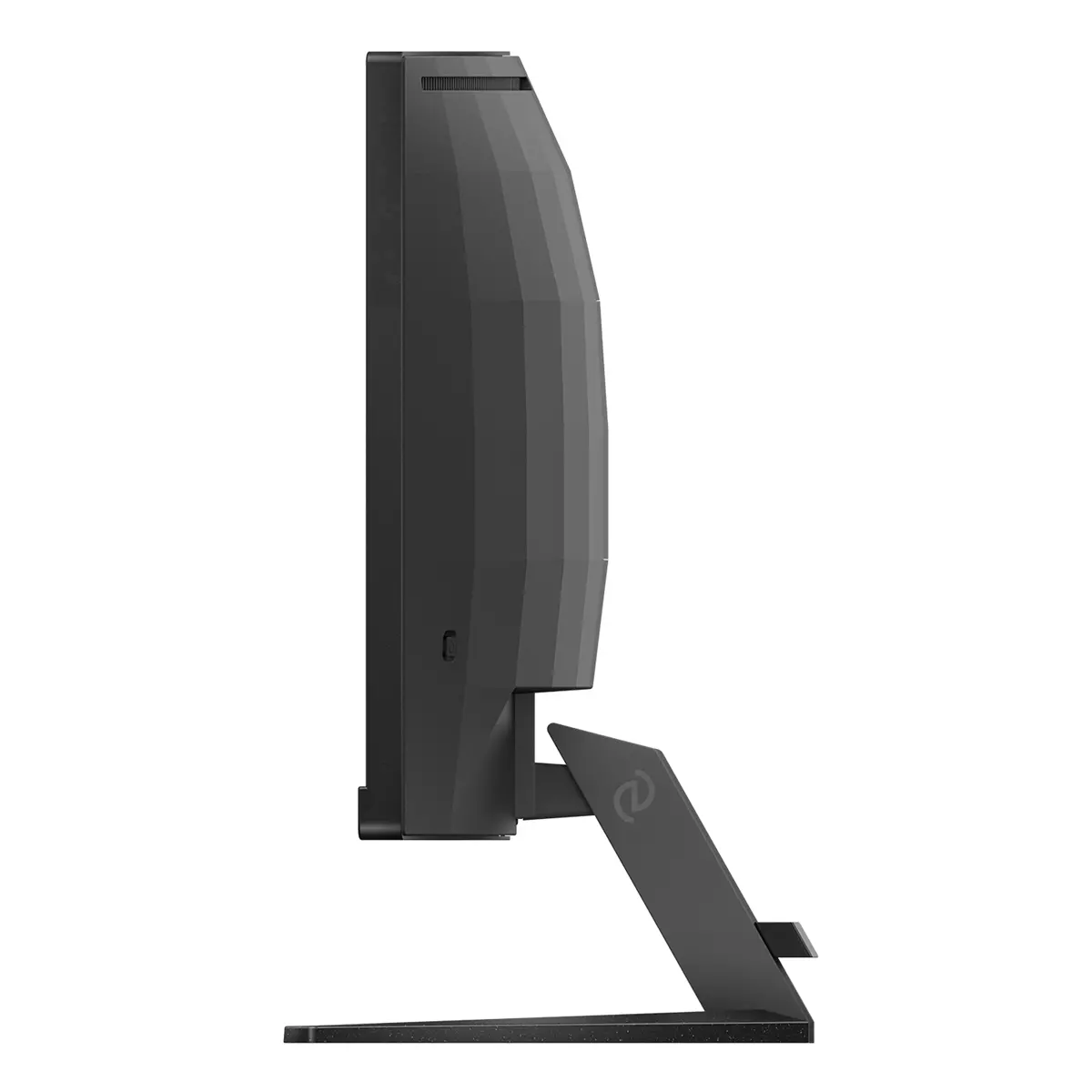 Seitenansicht eines schwarzen Computermonitors. Er hat ein geometrisches Design auf der Rückseite und einen Ständer mit dem Buchstaben 'e'.