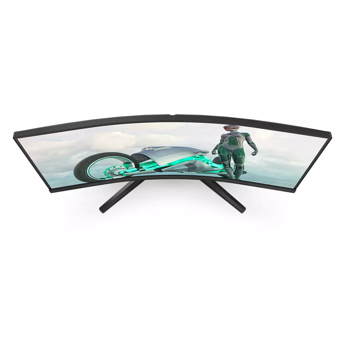 Gebogener Monitor, der ein futuristisches Motorrad und eine Figur in einem grün-silbernen Anzug vor einem bewölkten Himmel anzeigt.