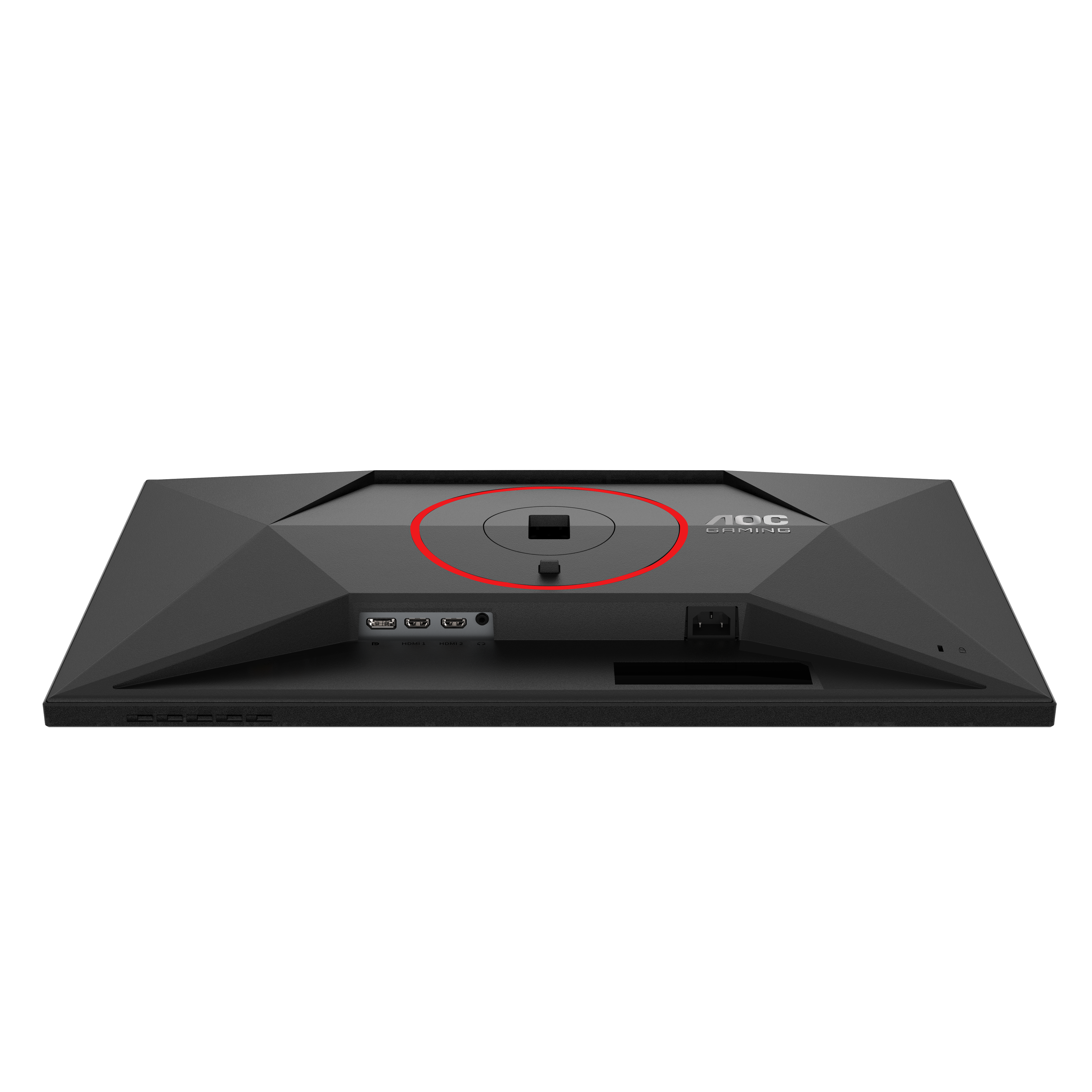 Rückseite eines schwarzen AOC-Gaming-Monitors vor schwarzem Hintergrund. Anschlüsse und Logo sind sichtbar.