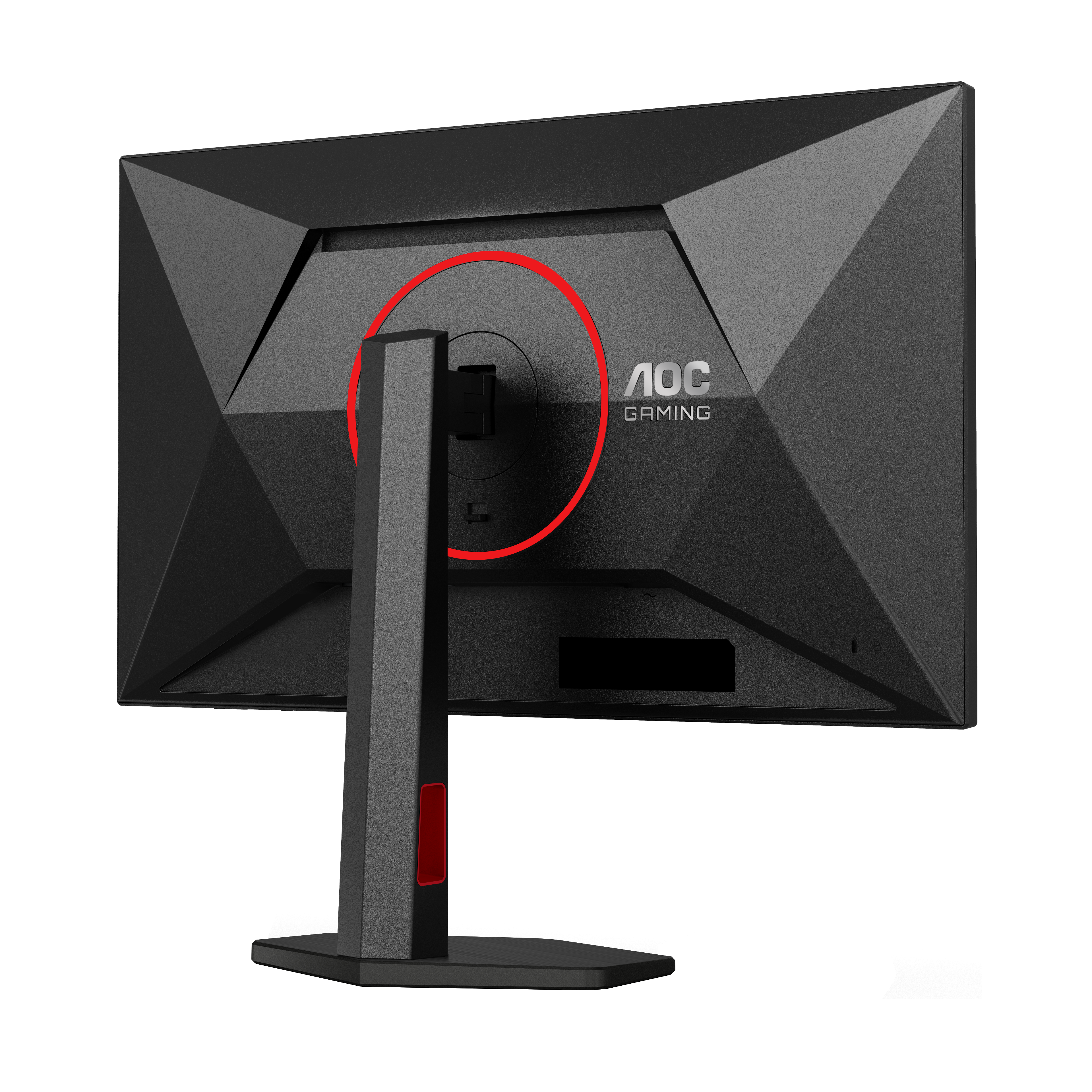 Die Rückseite eines schwarzen Gaming-Monitors mit rotem Kreis, AOC-Logo und Ständer.