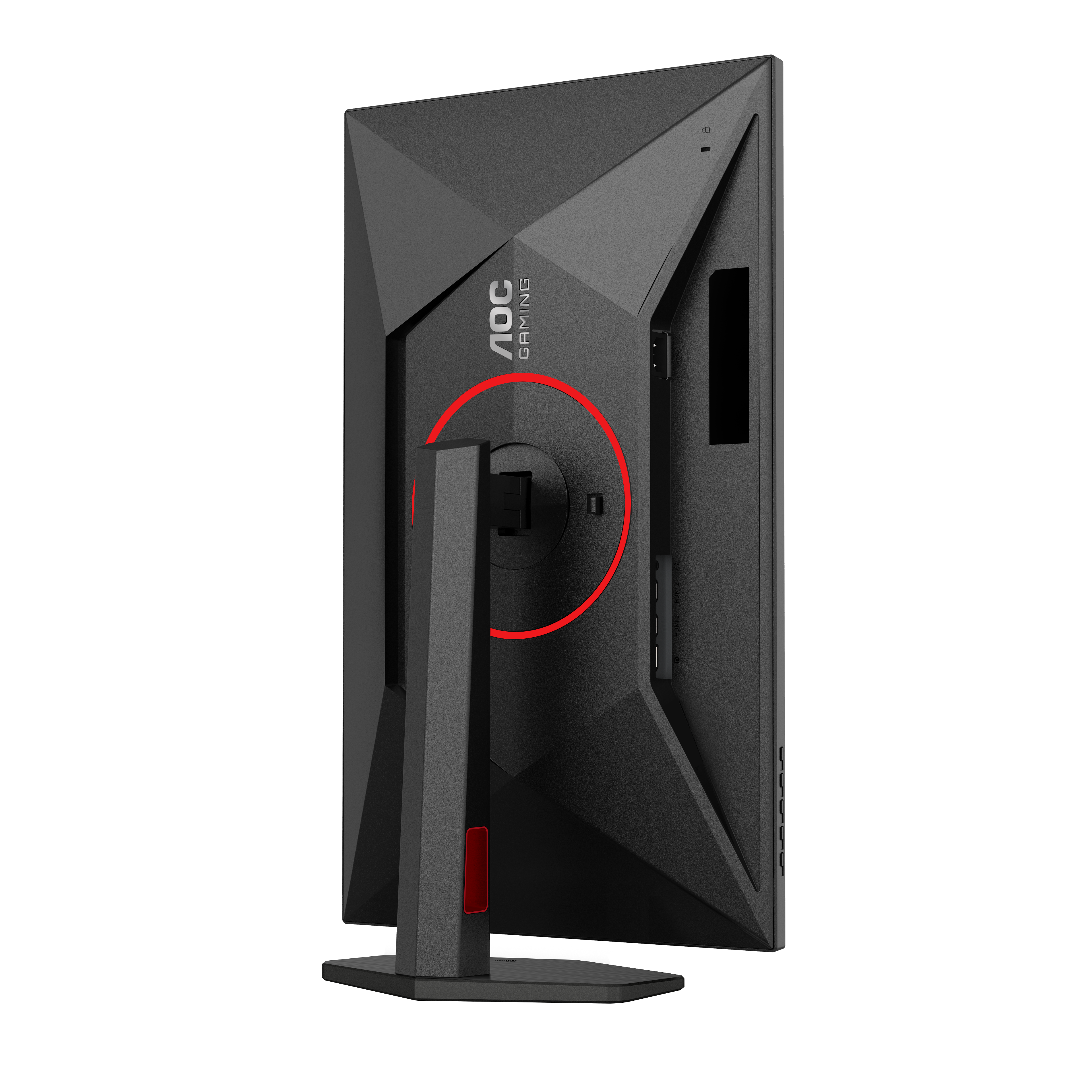 Die Rückseite eines schwarzen AOC-Gaming-Monitors. Es hat einen roten Kreis und einen Ständer.