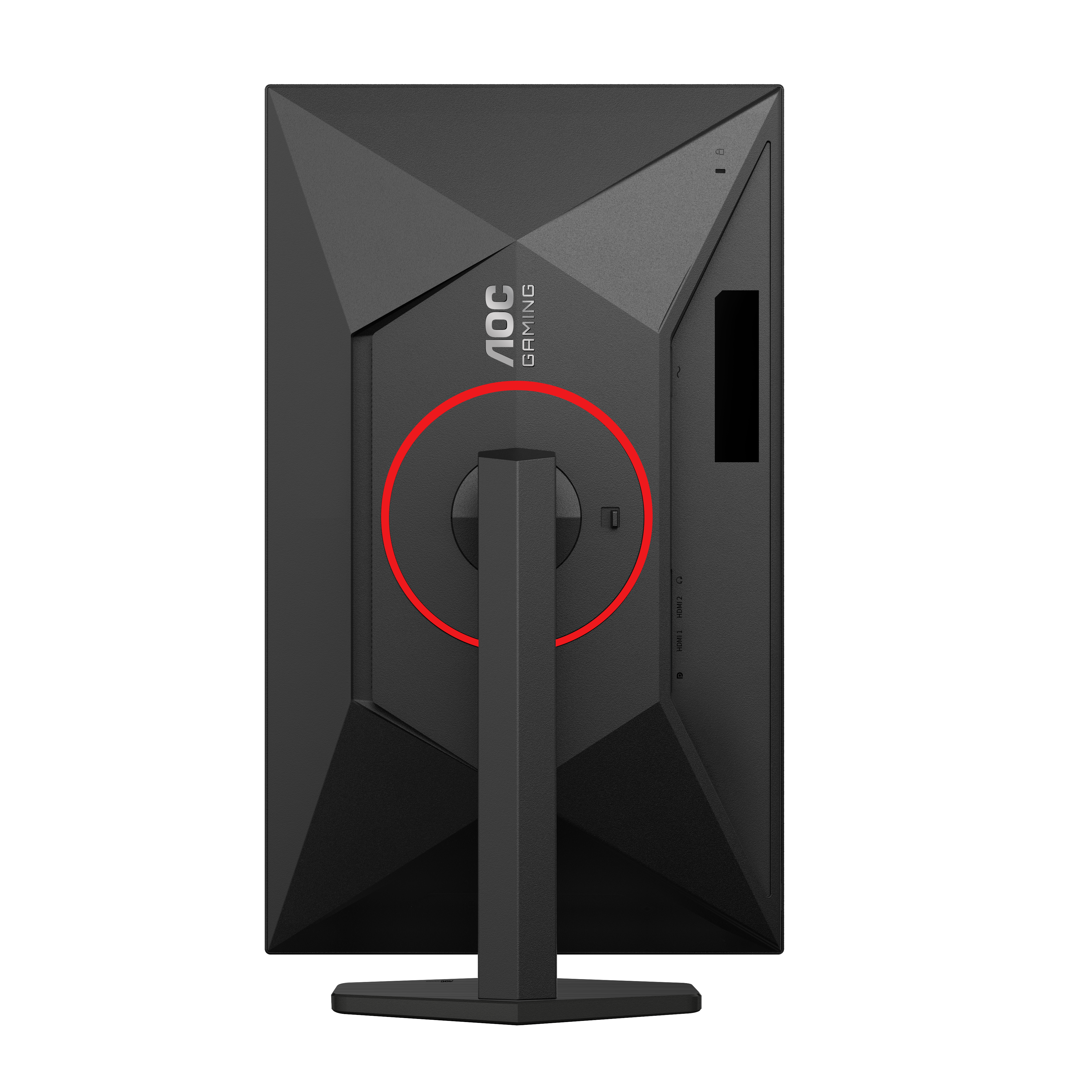 Rückseite eines AOC-Gaming-Monitors. Schwarz mit rotem Ring um ein Bedienelement. AOC Gaming Logo sichtbar.