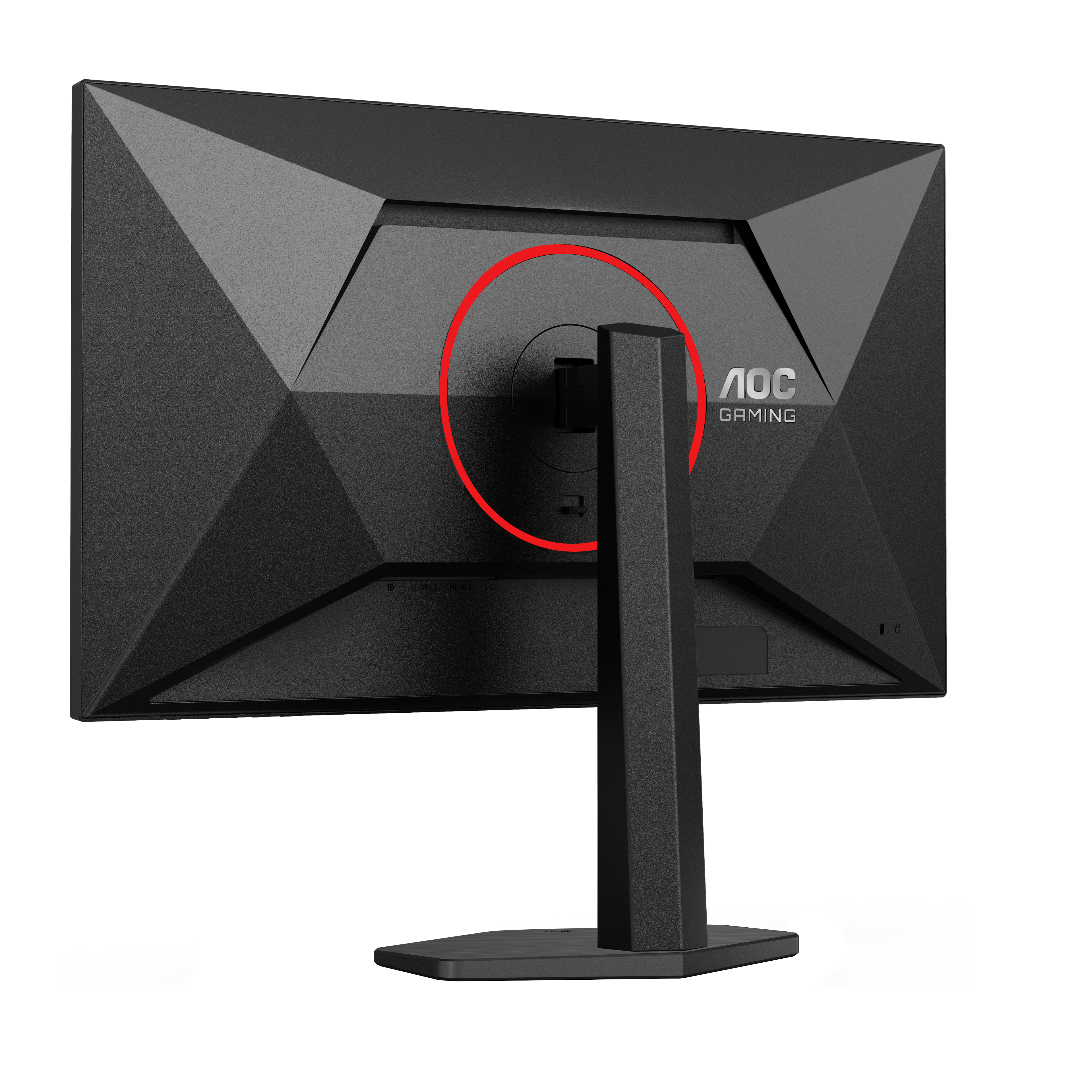 Rückseite eines schwarzen AOC-Gaming-Monitors. Er hat ein geometrisches Design. Der Ständer ist ebenfalls schwarz.