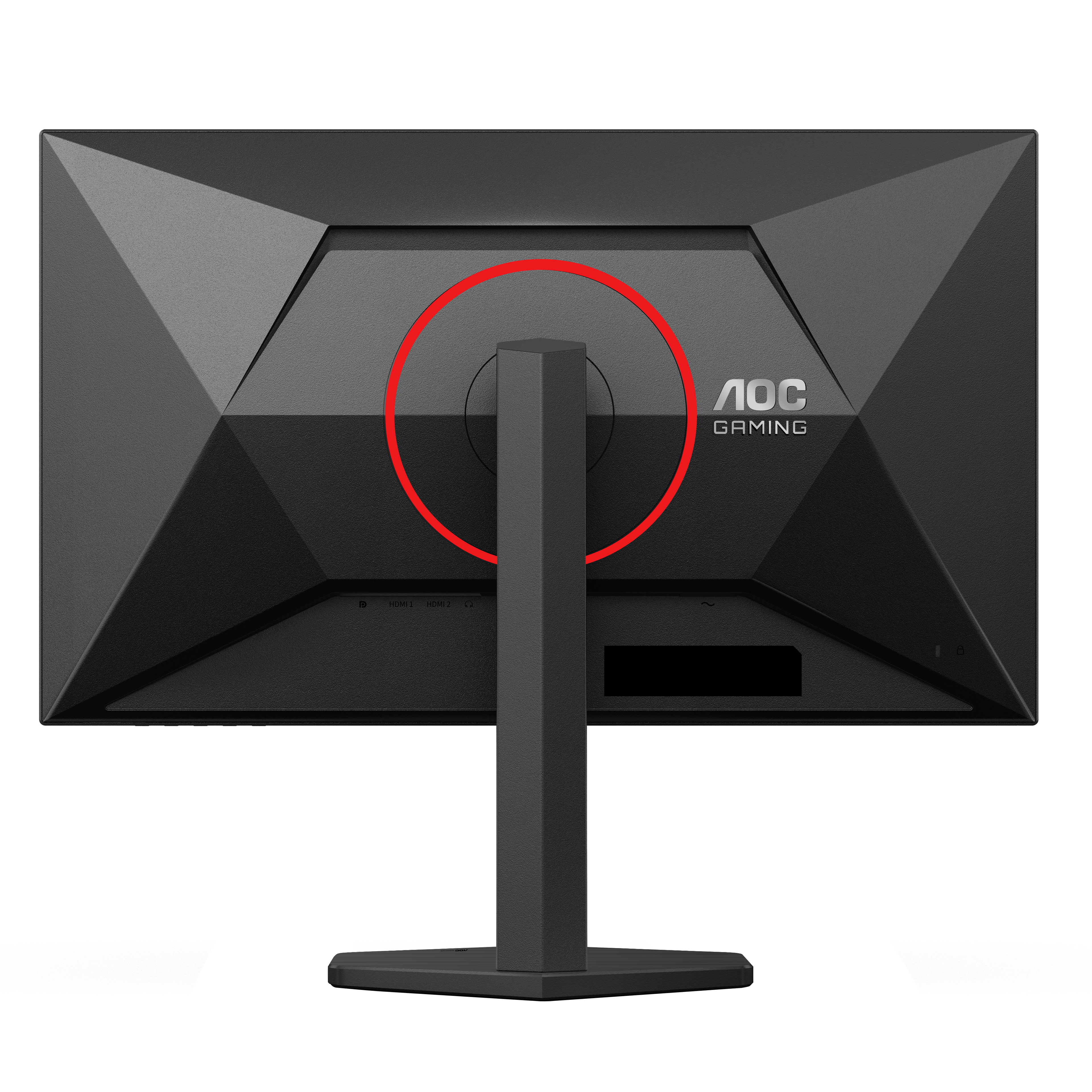Rückseite eines schwarzen Gaming-Monitors. AOC-Logo sichtbar. Auch der Ständer ist schwarz.