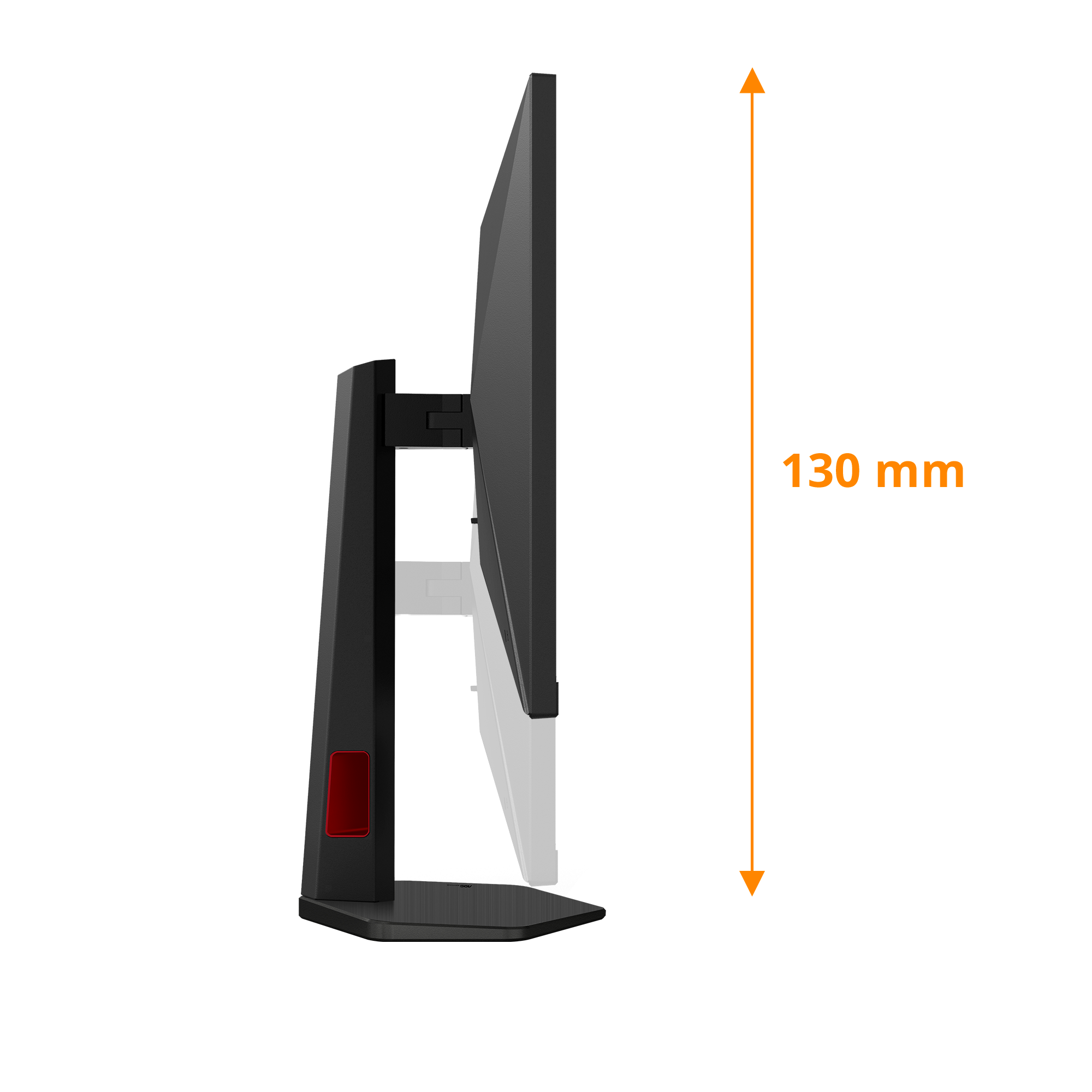 Seitenansicht eines schwarzen Computermonitors. Es hat einen roten Akzent und ist 130 mm hoch.