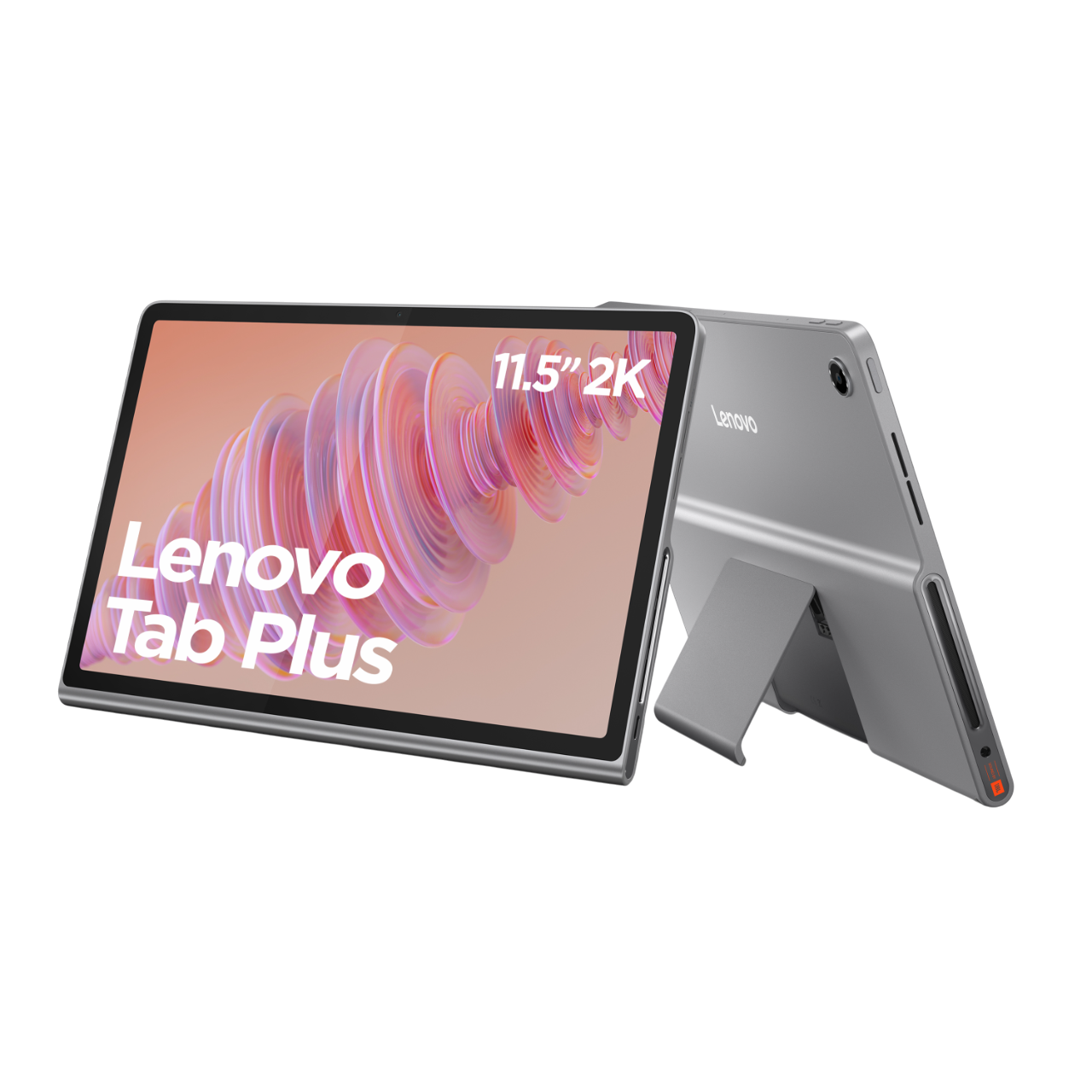 Silbernes Lenovo Tab Plus Tablet. Der Bildschirm zeigt ein farbenfrohes abstraktes Bild. Das Tablet wird von einem Ständer gehalten.