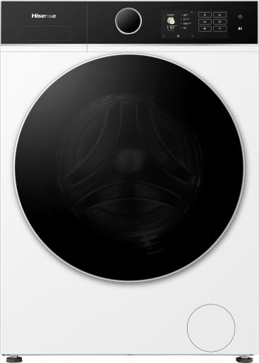 Eine weiße Hisense Waschmaschine mit schwarzer Tür und Bedienfeld. Die Tür ist rund mit Glas.
