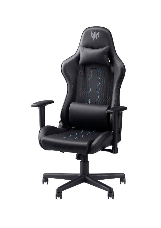 Schwarzer Gaming-Stuhl mit Kopf- und Lendenwirbelstütze. Mit blauen Akzenten und Predator-Logo. Dunkler Hintergrund.