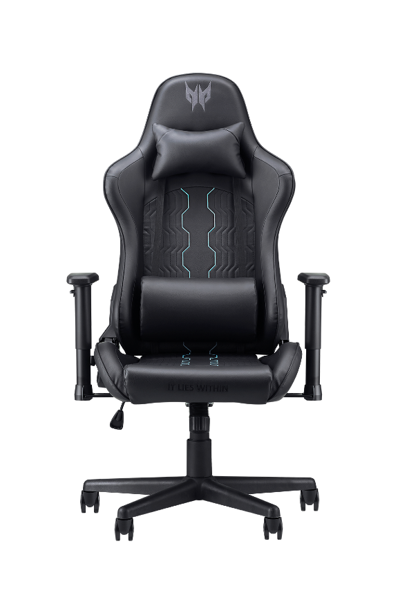 Schwarzer Gaming-Stuhl mit Kopf- und Lendenwirbelstütze. Mit blauen Akzenten und dem Schriftzug "IT LIES WITHIN".