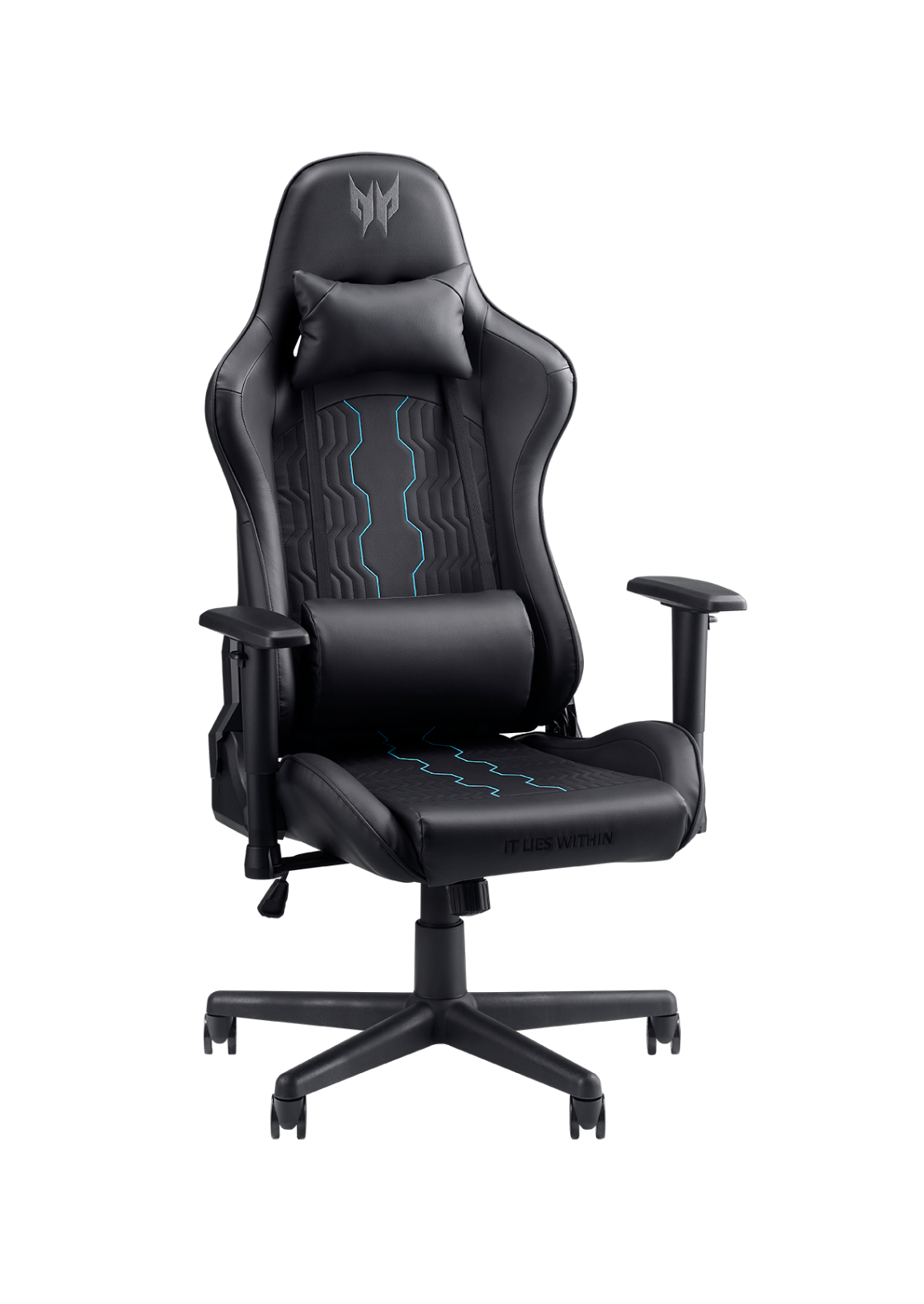 Schwarzer Gaming-Stuhl mit blauen Akzenten und Predator-Logo. Mit Kopfstütze, Lendenwirbelstütze und Armlehnen. 'IT LIES WITHIN' auf dem Sitz.