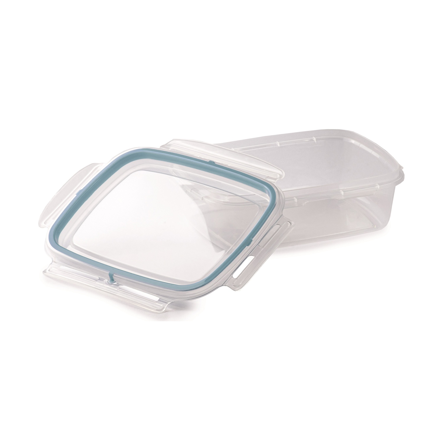 Contenitore per alimenti trasparente e rettangolare con coperchio bordato di blu aperto di lato. Un altro contenitore sullo sfondo.