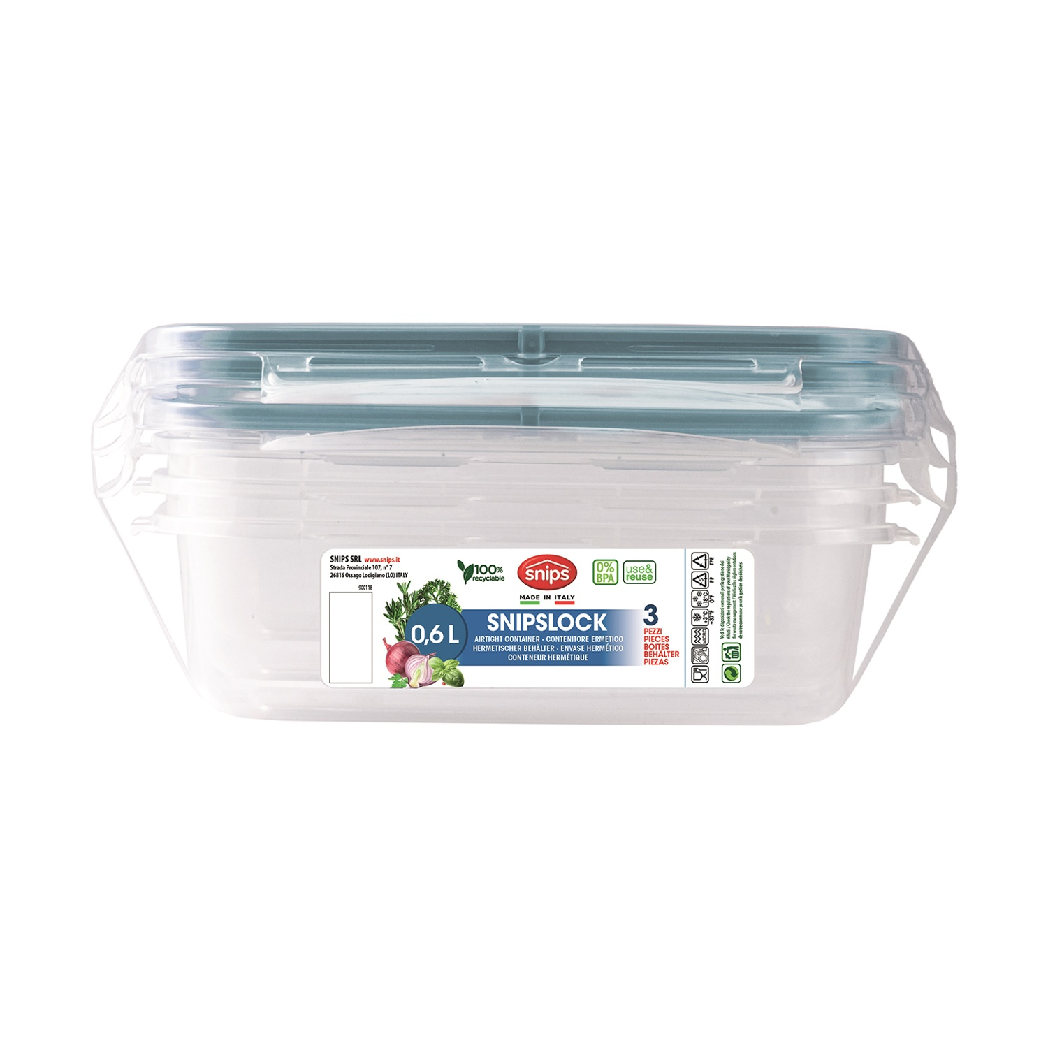 Un contenitore per alimenti rettangolare in plastica trasparente con coperchio verde acqua ed etichette.