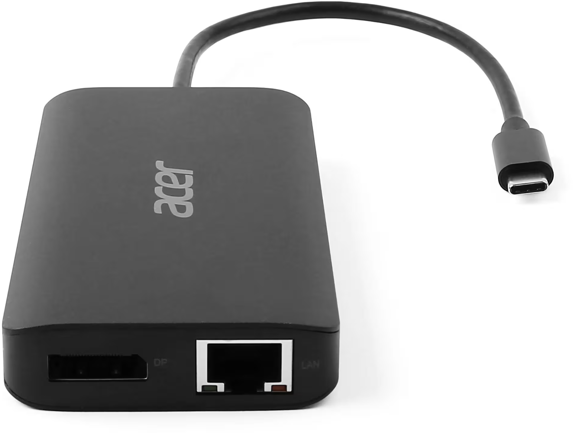 Adattatore USB-C Acer nero. Ha porte per DP e LAN. Un cavo nero curvo con un connettore USB-C si estende dall'adattatore.