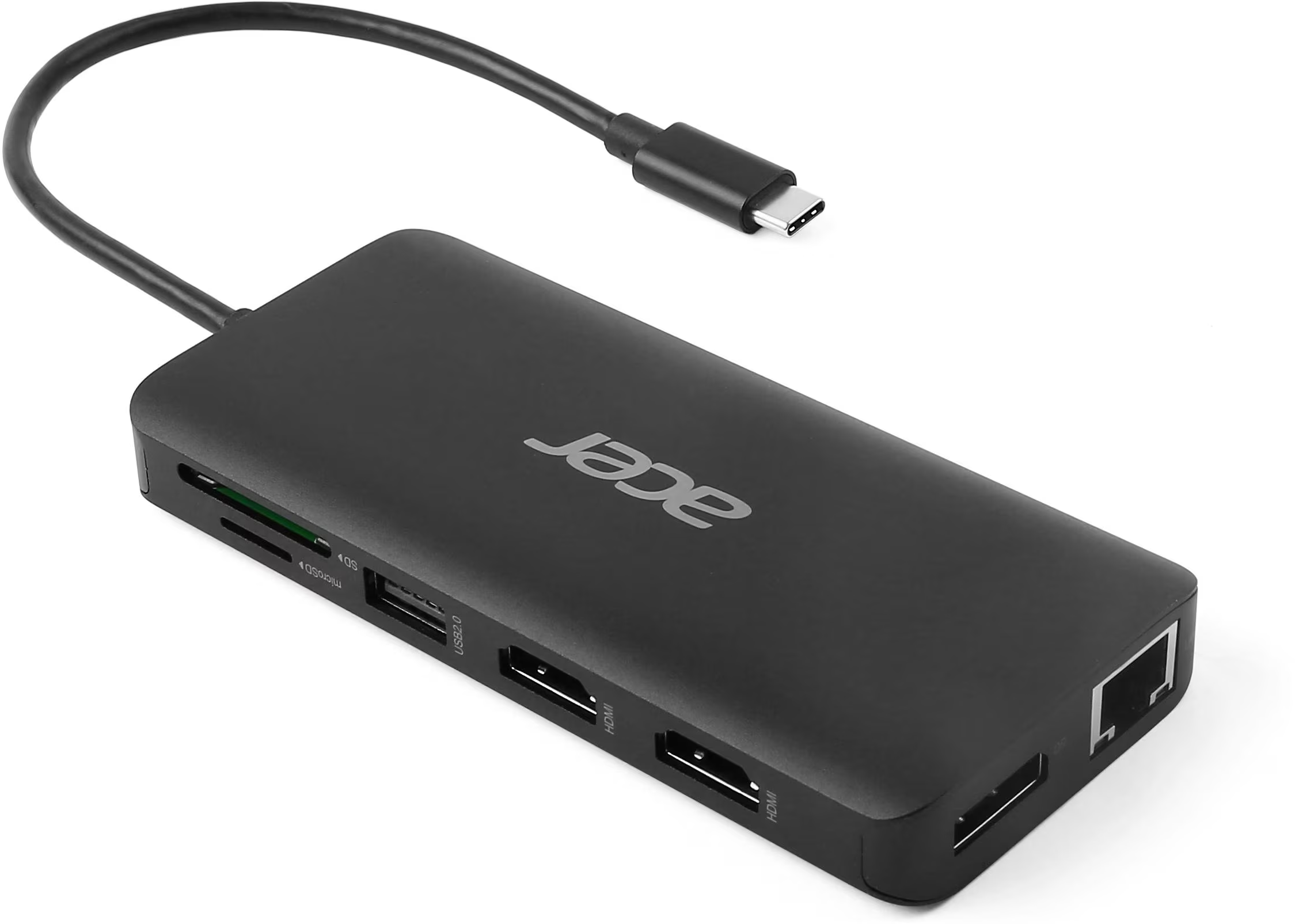 Hub USB-C Acer nero con più porte. Ha un cavo USB-C e il logo Acer in alto.