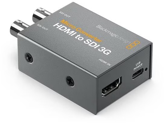 Un convertitore grigio da HDMI a SDI 3G. Ha porte di uscita SDI, ingresso HDMI e una porta di alimentazione USB. Blackmagicdesign è il marchio.