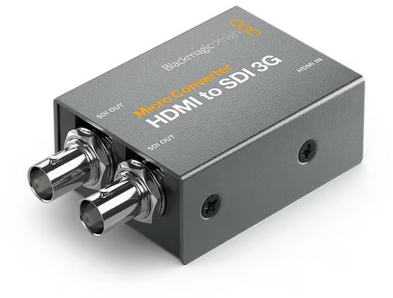 Un dispositivo nero Micro Converter HDMI a SDI 3G. Ha connettori argentati e viti nere. Testo: 'HDMI to SDI 3G'.