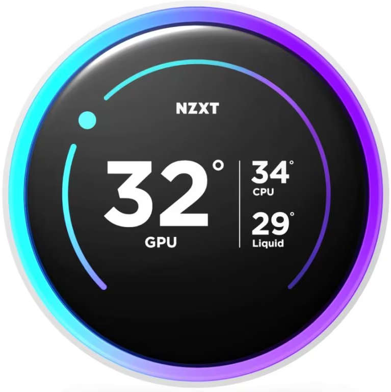 Il display circolare NZXT mostra la GPU a 32 gradi, la CPU a 34 gradi e il raffreddamento a liquido a 29 gradi. Bordo sfumato blu e viola.