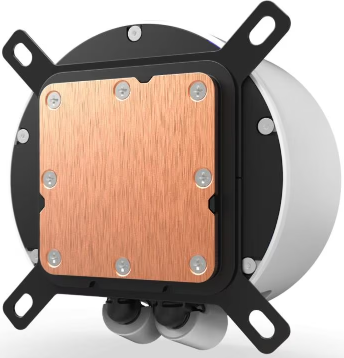 Un dissipatore a liquido per computer. Presenta una piastra in rame, telaio nero, alloggiamento bianco e staffe di montaggio. Le viti sono visibili.