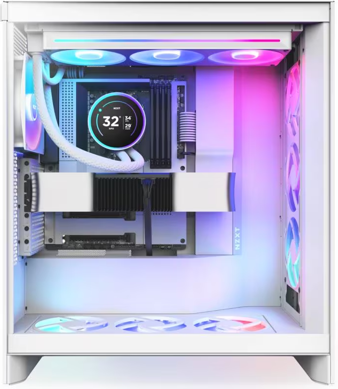 All'interno di un case per computer bianco, è visibile un sistema di raffreddamento a liquido. I componenti interni includono ventole e uno schermo che mostra la temperatura.