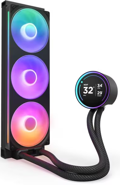 Un dissipatore a liquido per PC con tre ventole RGB e un display circolare che mostra le letture della temperatura, collegati da tubi.
