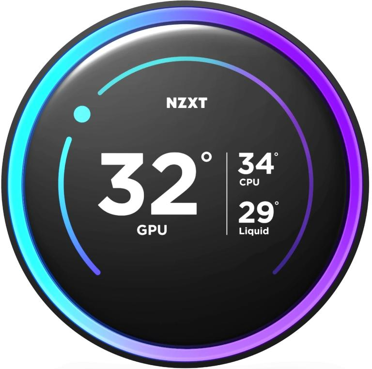 Display circolare con gradiente blu e viola. Mostra il logo NZXT, temperatura GPU a 32°, CPU a 34° e liquido a 29°.
