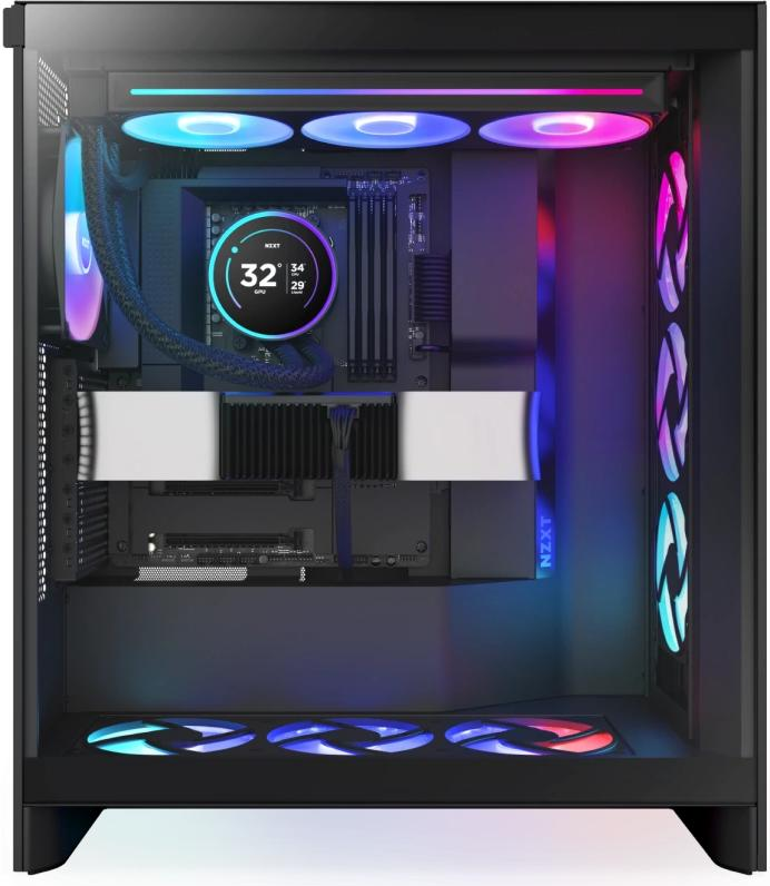 All'interno di un case per computer con luci a LED. Visualizza la temperatura a 32 gradi. Ventole e componenti sono visibili con colori diversi.