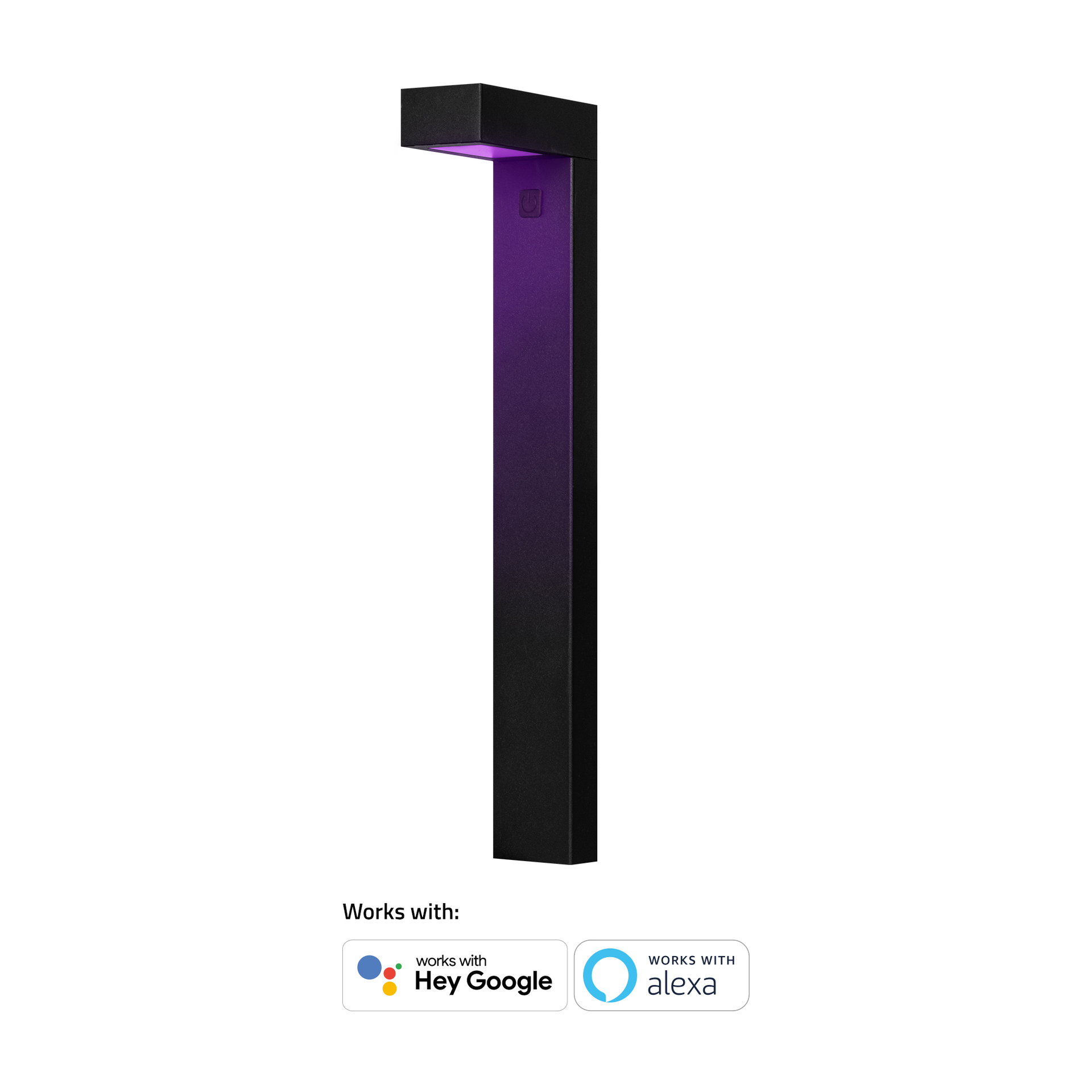 Schwarze Außenleuchte mit lila Farbverlauf. Funktioniert mit Hey Google und Alexa-Logos unten.