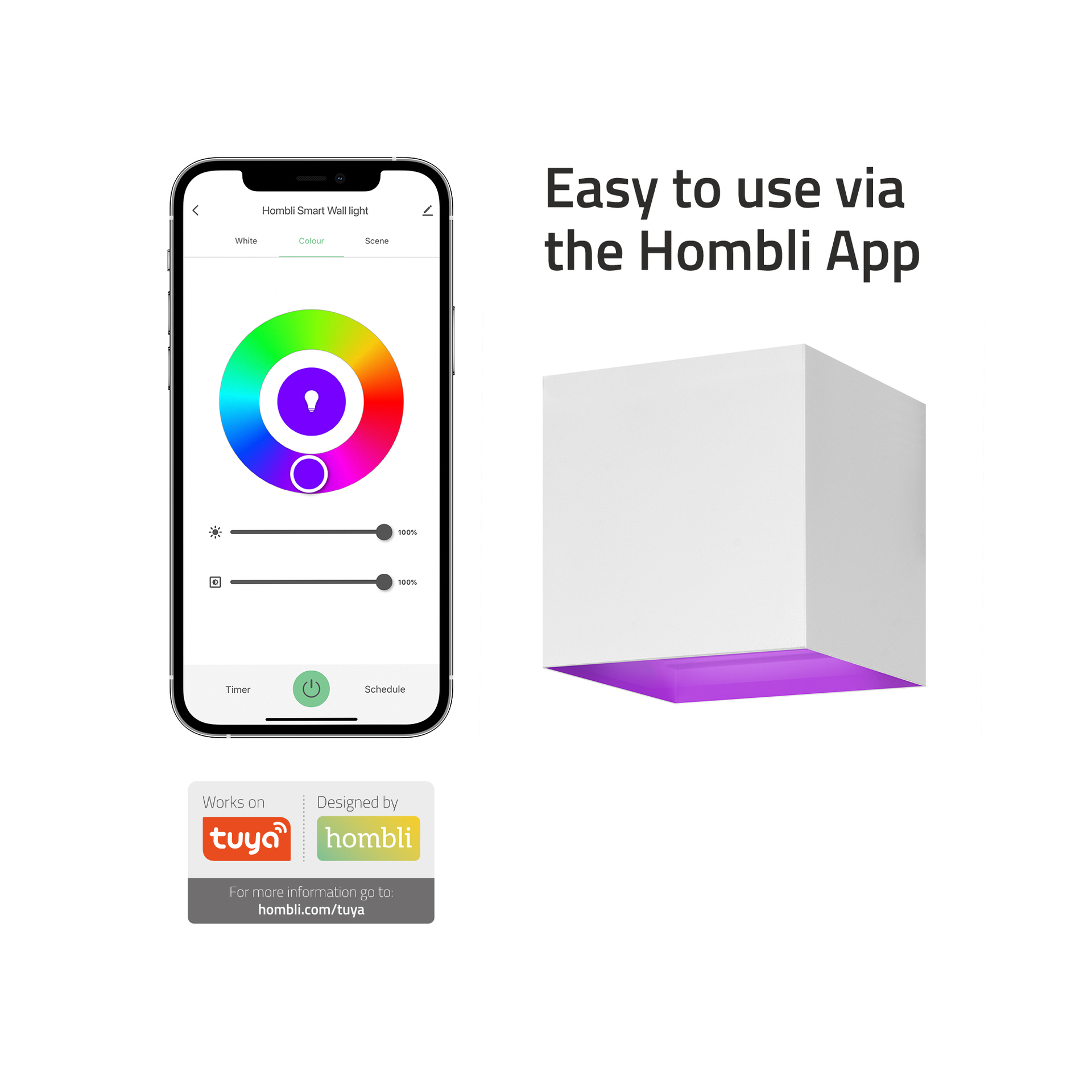 Das Bild zeigt eine intelligente Wandleuchte und eine App-Oberfläche. Die Leuchte ist weiß mit einem violetten Unterlicht. Die App zeigt Farbsteuerungen.