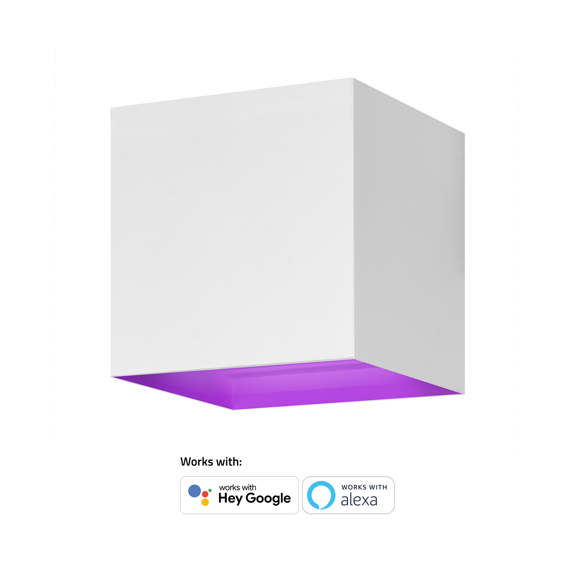 Eine weißer, würfelförmige Leuchte mit leuchtend lila Unterseite. Logos für Hey Google und Alexa unten.