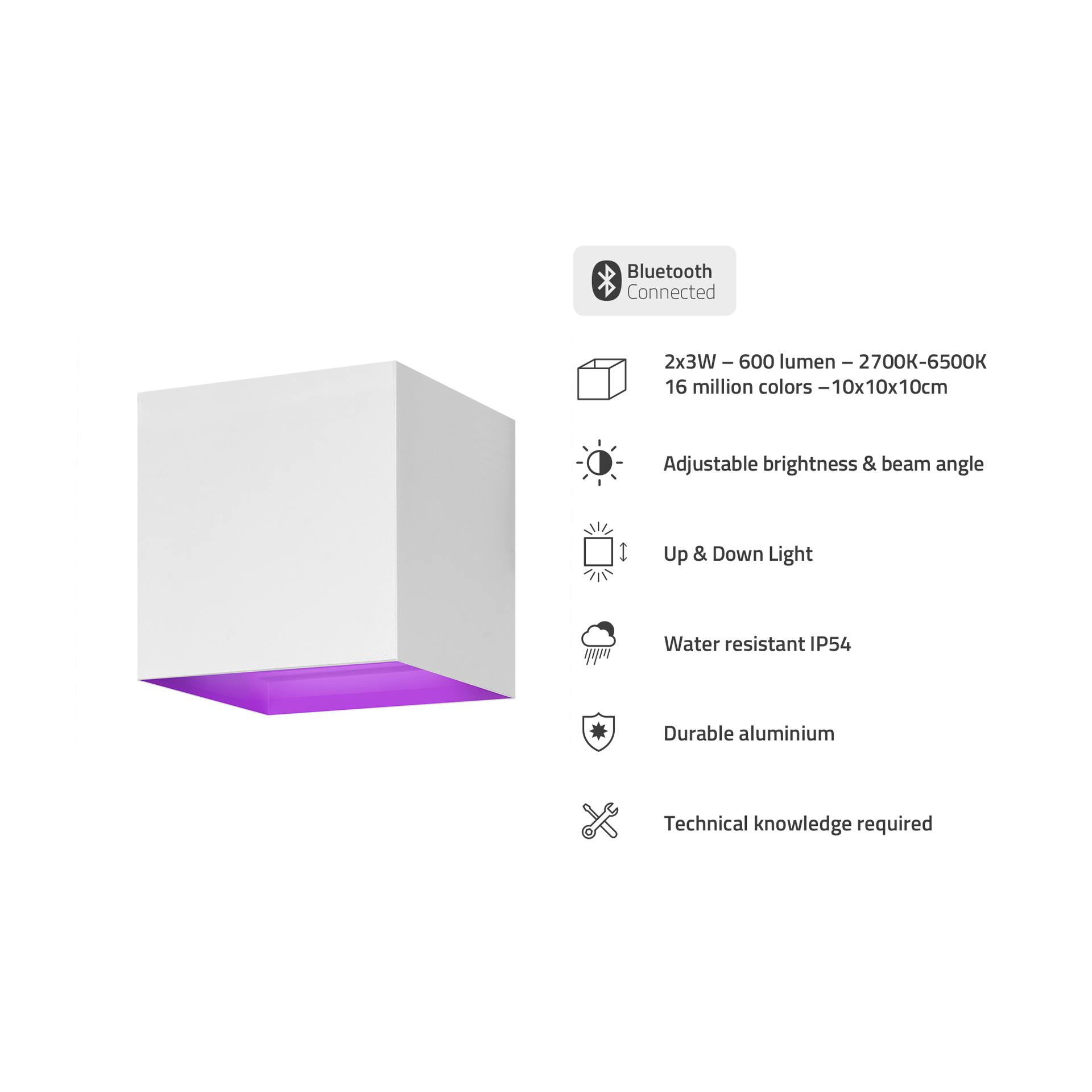 Eine weiße Würfel-Leuchte mit lila Leuchten. Merkmale: Bluetooth, einstellbare Helligkeit und Wasserbeständigkeit.