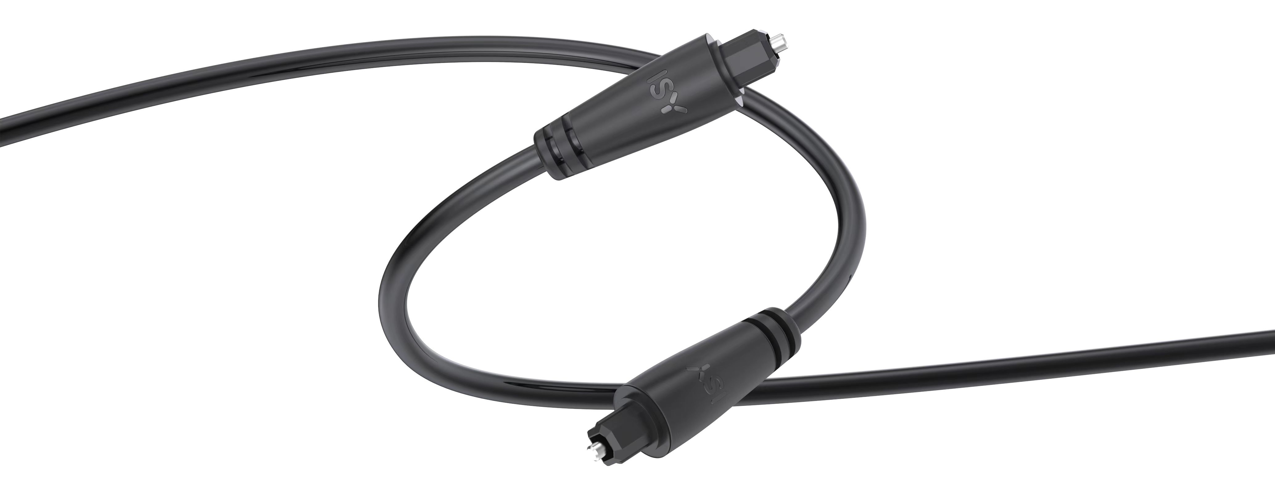 Czarny kabel audio optyczny ze złączami na obu końcach, zakrzywiony na białym tle.