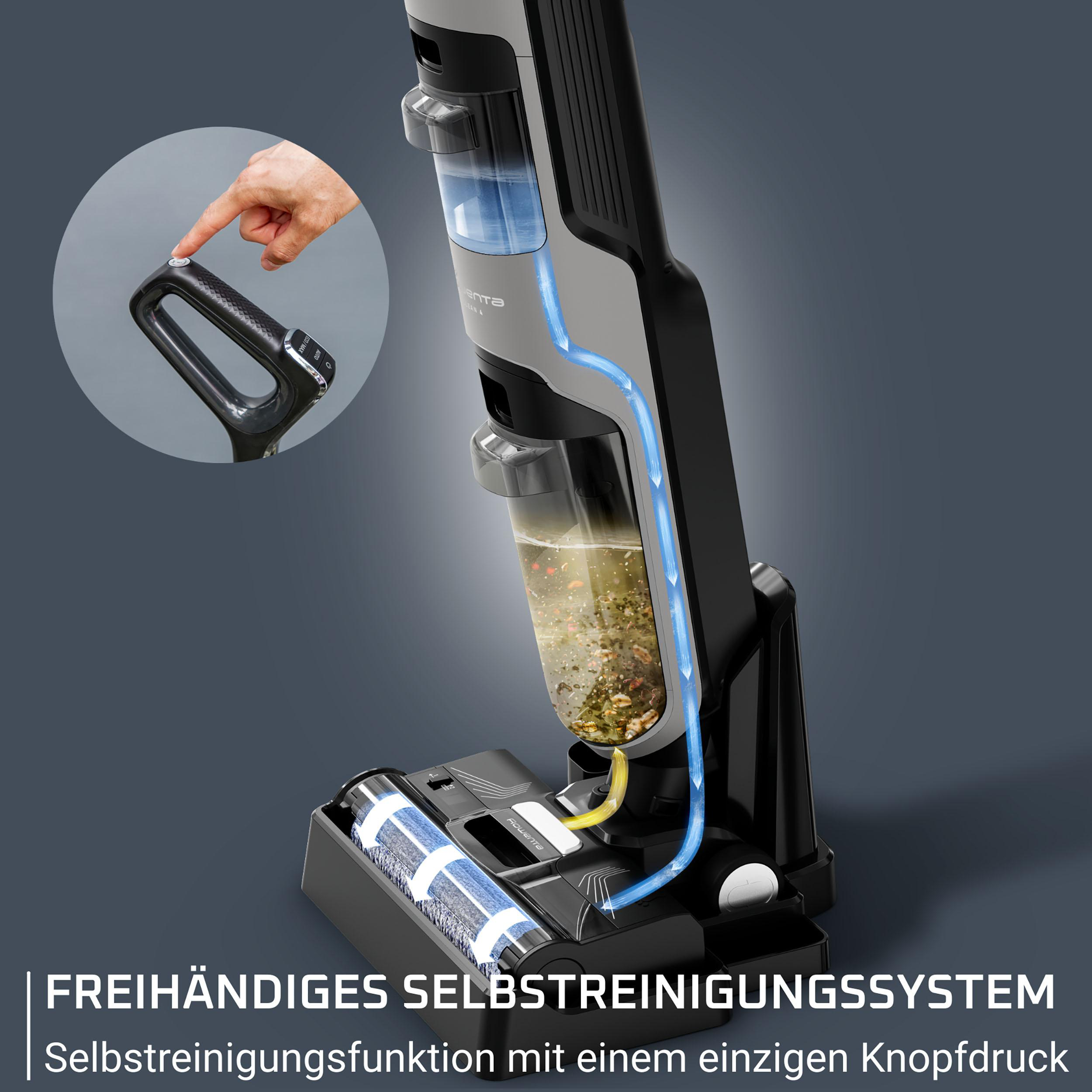 Eine Hand drückt eine Taste auf einem Staubsauger. Der Reiniger hat einen Behälter mit schmutzigem Wasser und Ablagerungen.