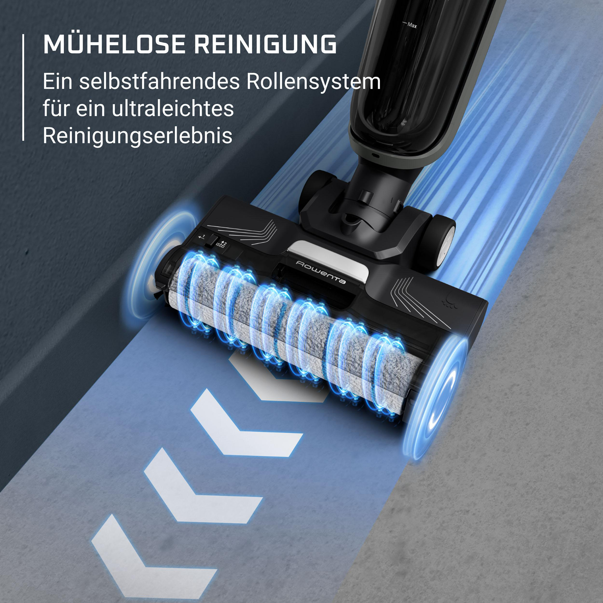 Ein schwarz-grauer Staubsauger reinigt eine blaue Oberfläche. Text auf Deutsch: 'Mühelose Reinigung'.