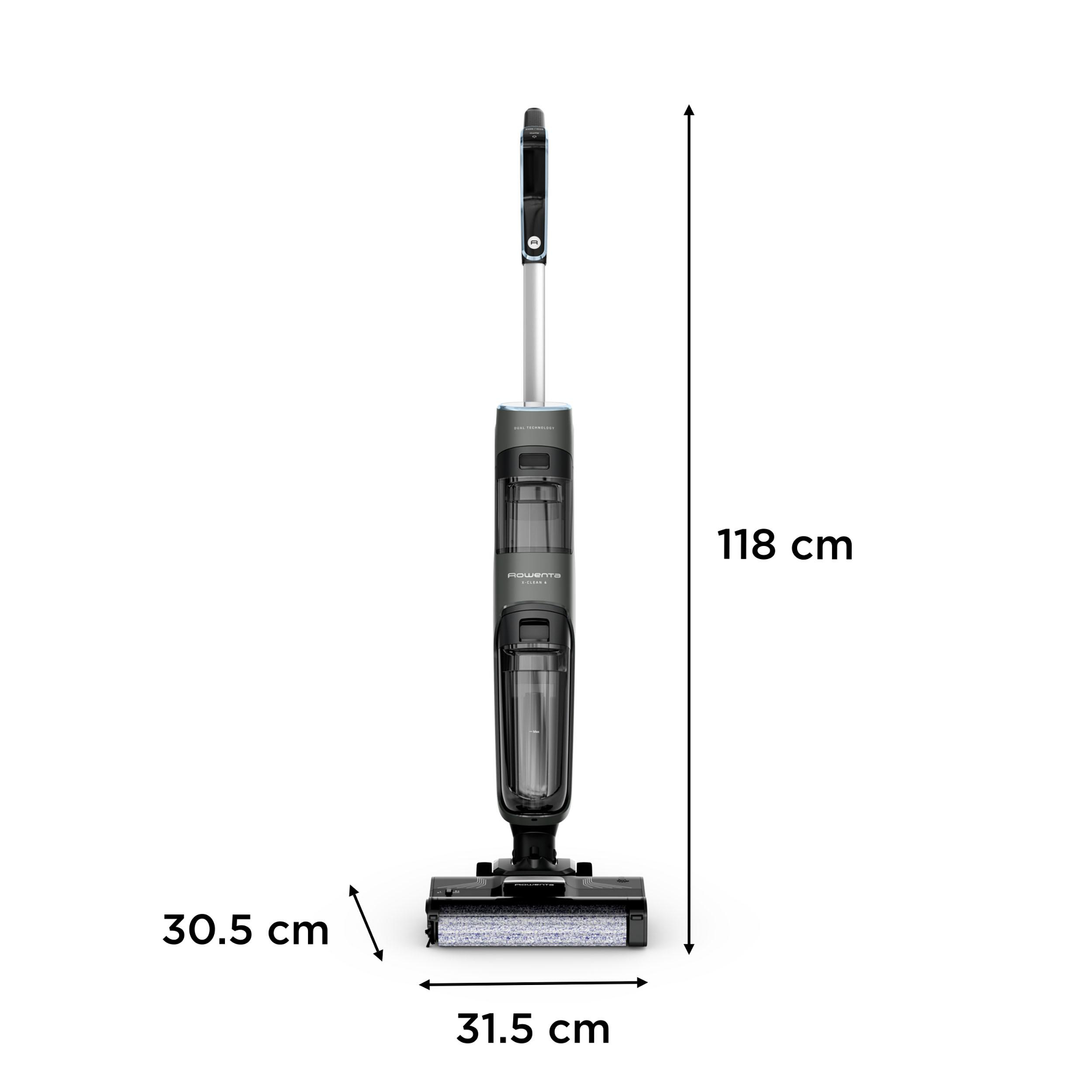 Ein Rowenta X-Clean & Aqua Staubsauger. Er ist schwarz und grau mit markierten Abmessungen.