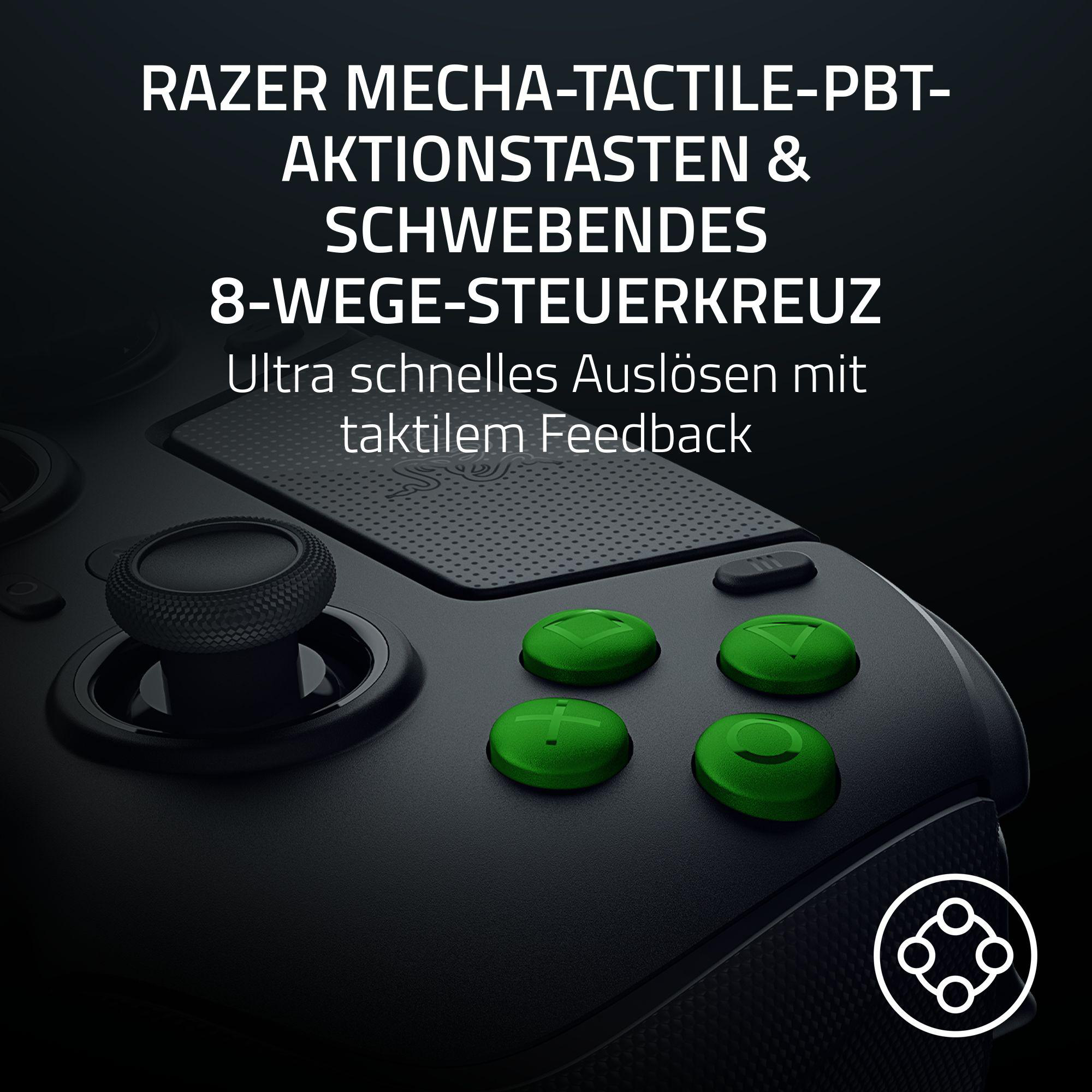 Nahaufnahme eines schwarzen Gamecontrollers mit grünen Knöpfen. Text in Weiß überlagert.