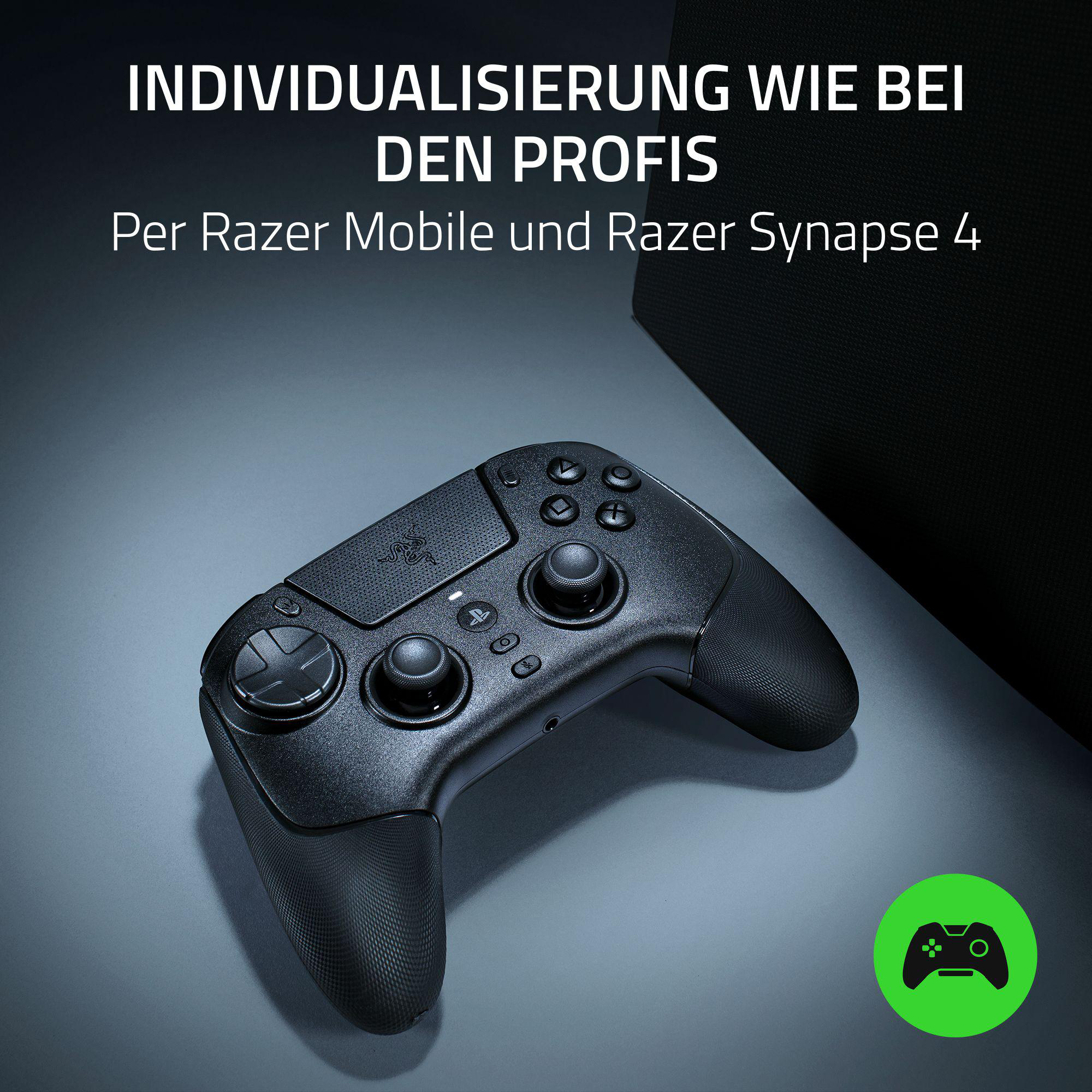 Schwarzer Razer-Gamecontroller auf grauer Oberfläche. Text oben, grünes Gamecontroller-Symbol unten rechts.