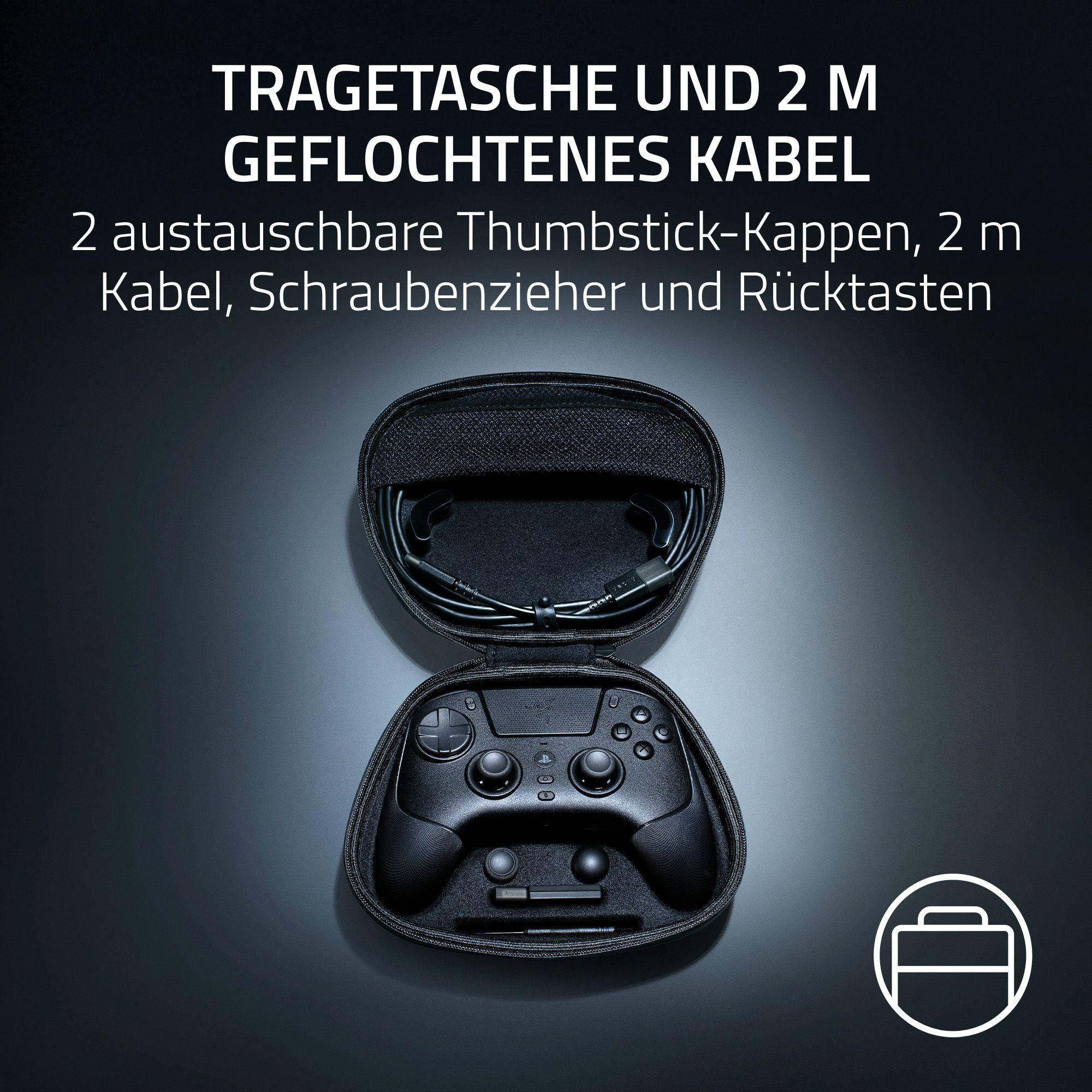 Schwarze Tragetasche offen, zeigt Controller, Kabel und Zubehör. Text: Tragetasche und 2 m geflochtenes Kabel.