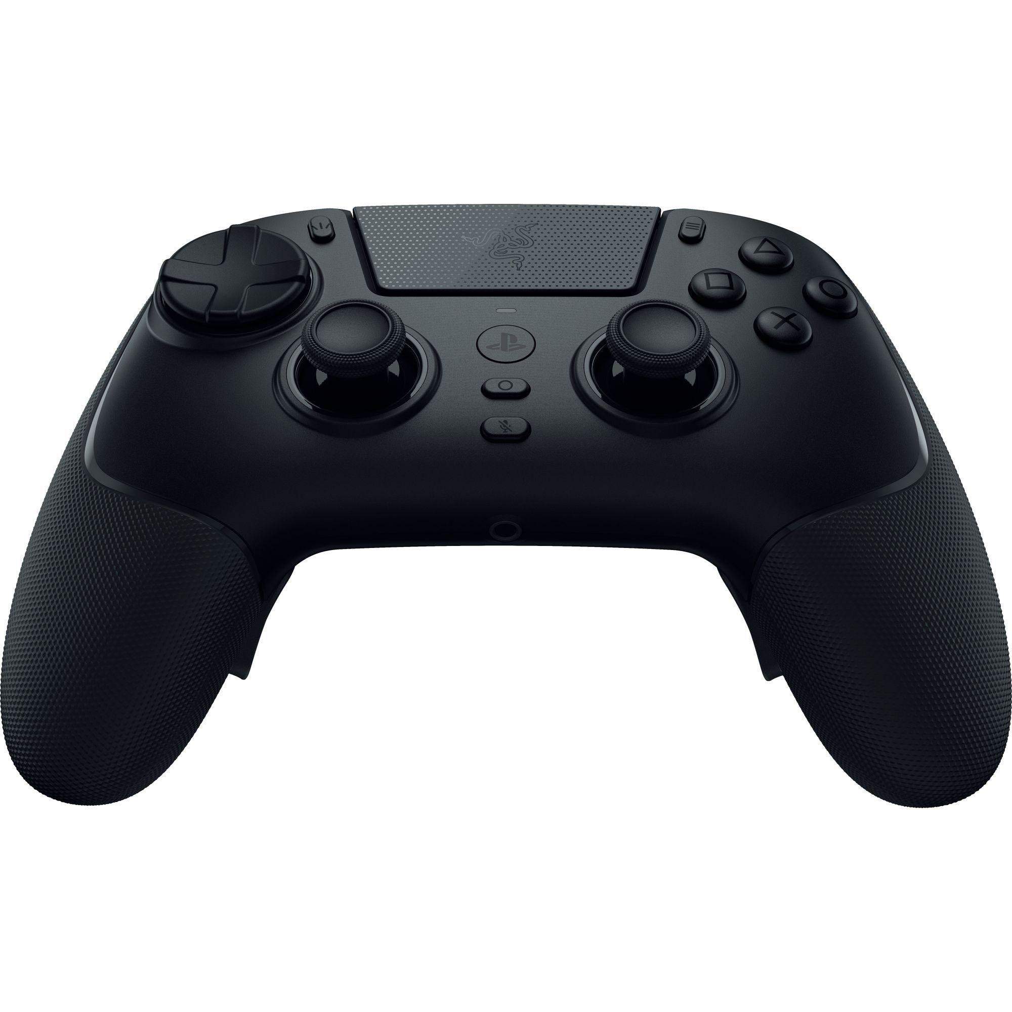 Schwarzer Razer-Gamecontroller mit Tasten, Joysticks und strukturierten Griffen, vor weißem Hintergrund.