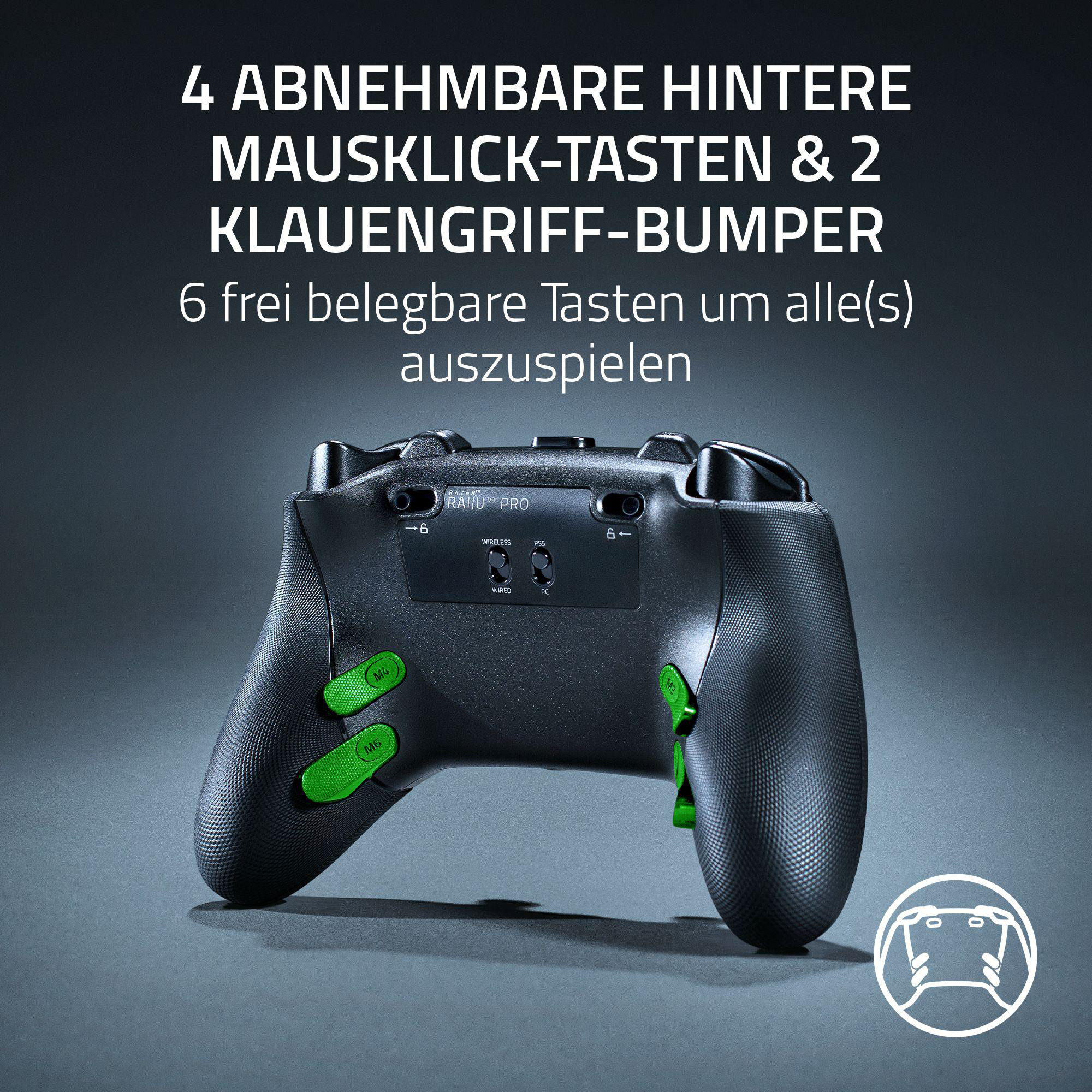 Schwarzer Gamecontroller mit grünen Knöpfen und Text auf Deutsch auf grauem Hintergrund.