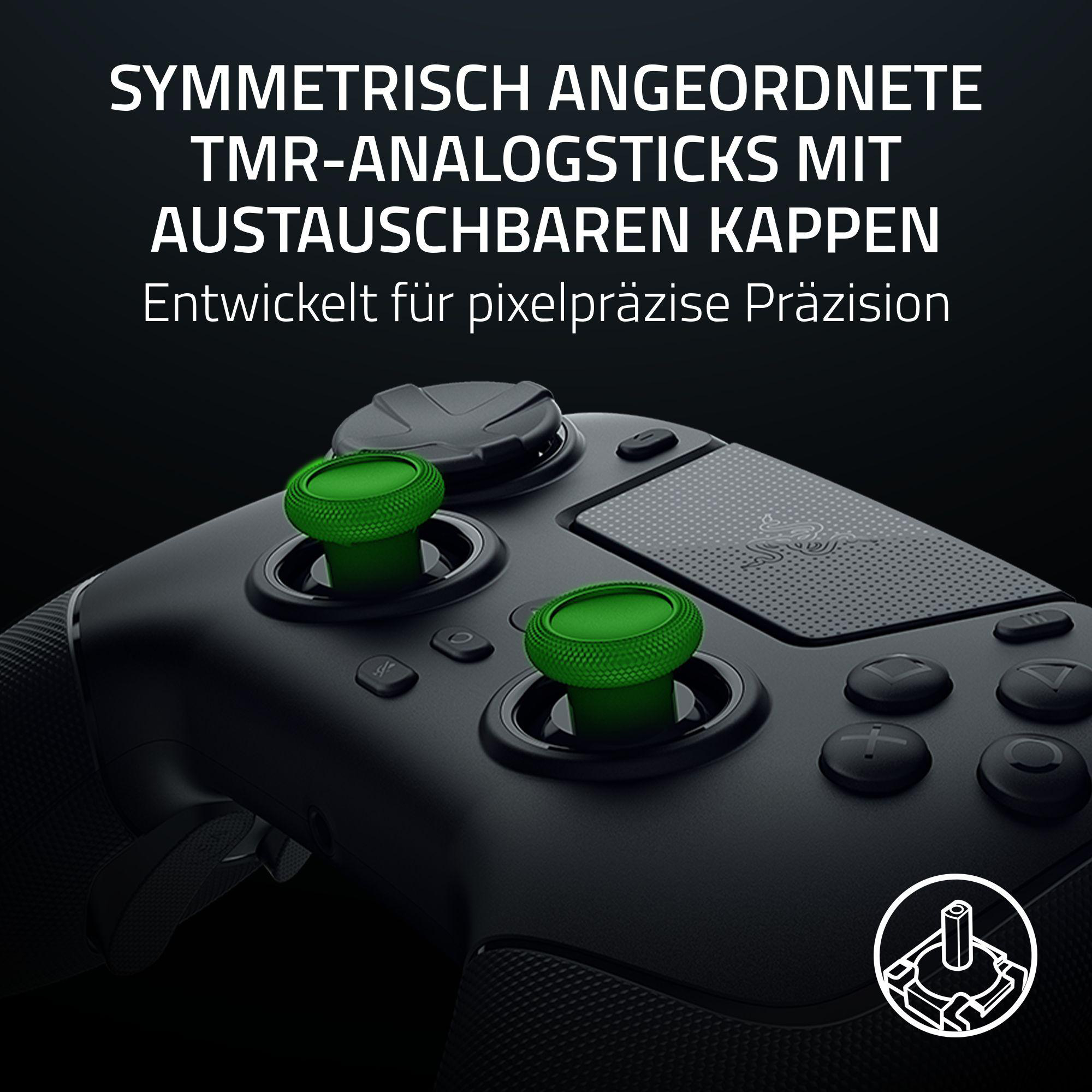 Schwarzer Controller mit grünen Thumbsticks. Text lautet: TMR-Analogsticks mit austauschbaren Kappen.