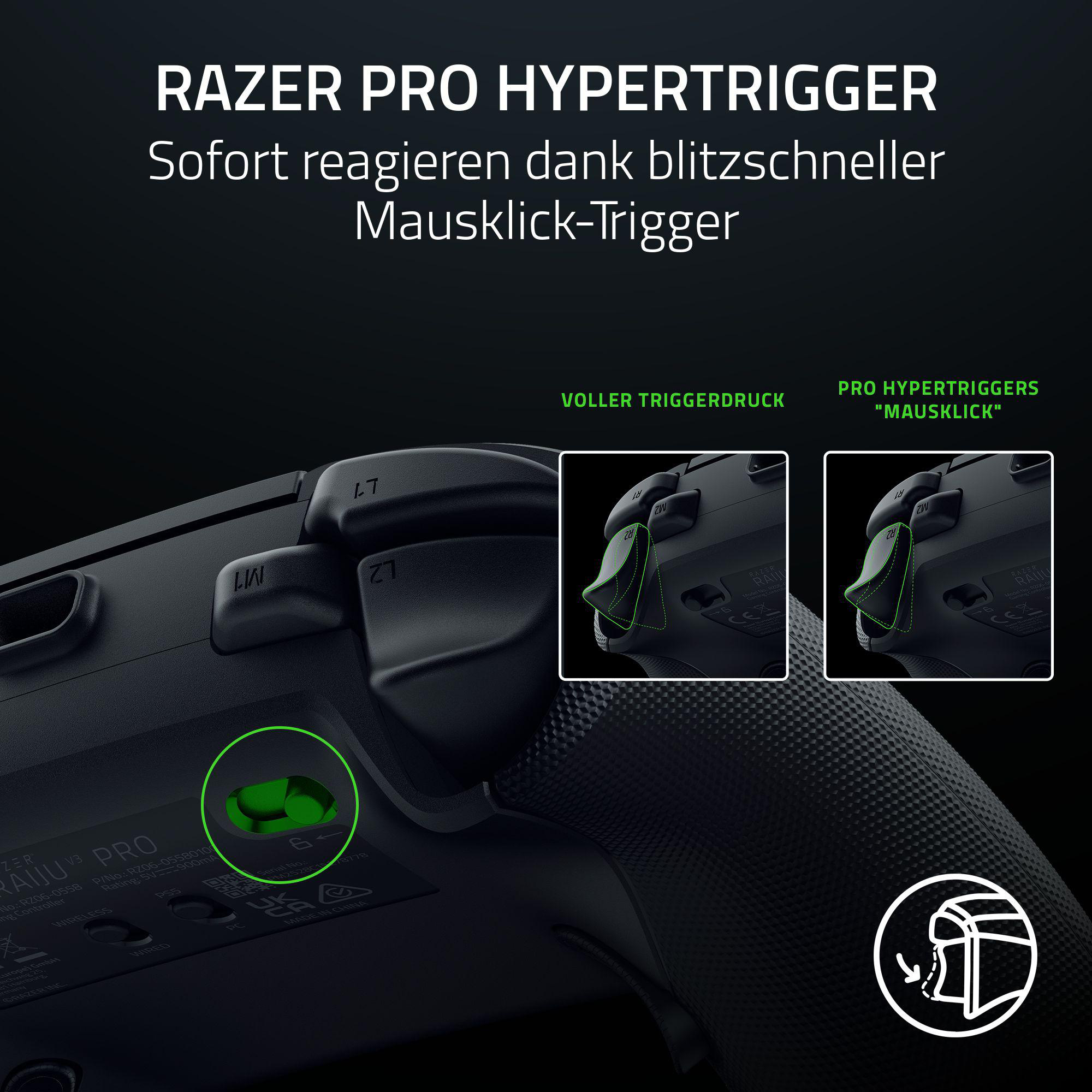 Schwarzer Razer-Controller. Merkmale sind Trigger, Tasten und ein grüner Akzent. Text oben: Razer Pro Hypertrigger.