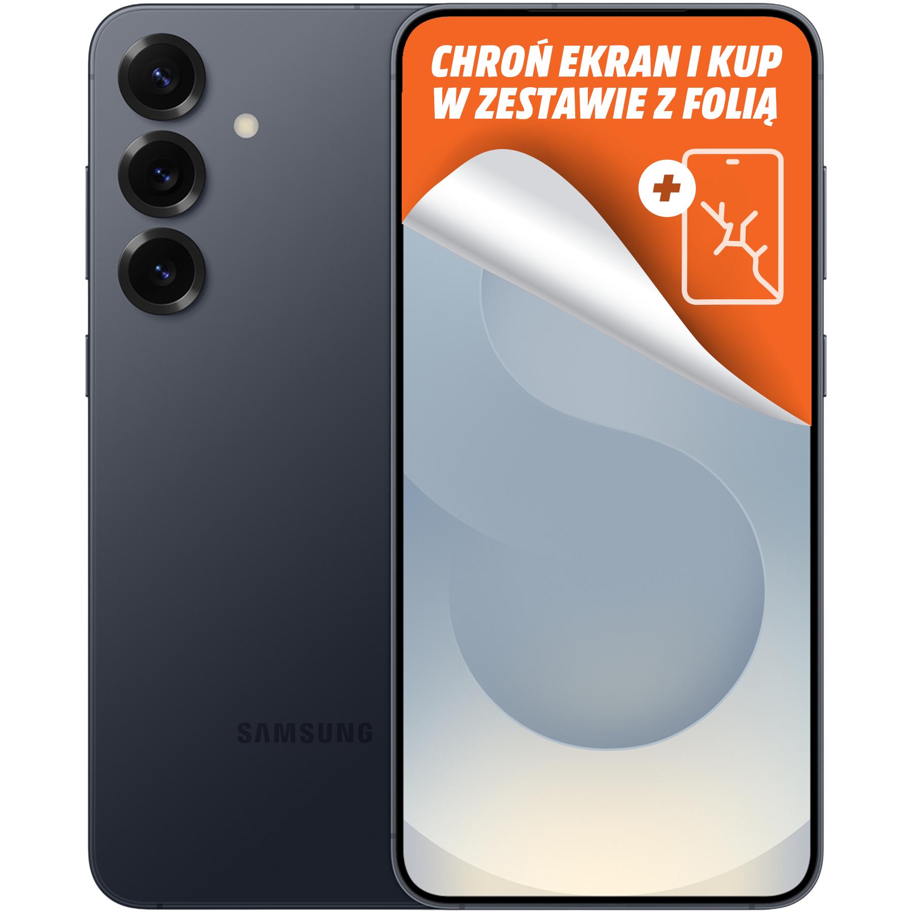 Ciemnoniebieski telefon z trzema aparatami, folia ochronna z ikoną pękniętego telefonu.