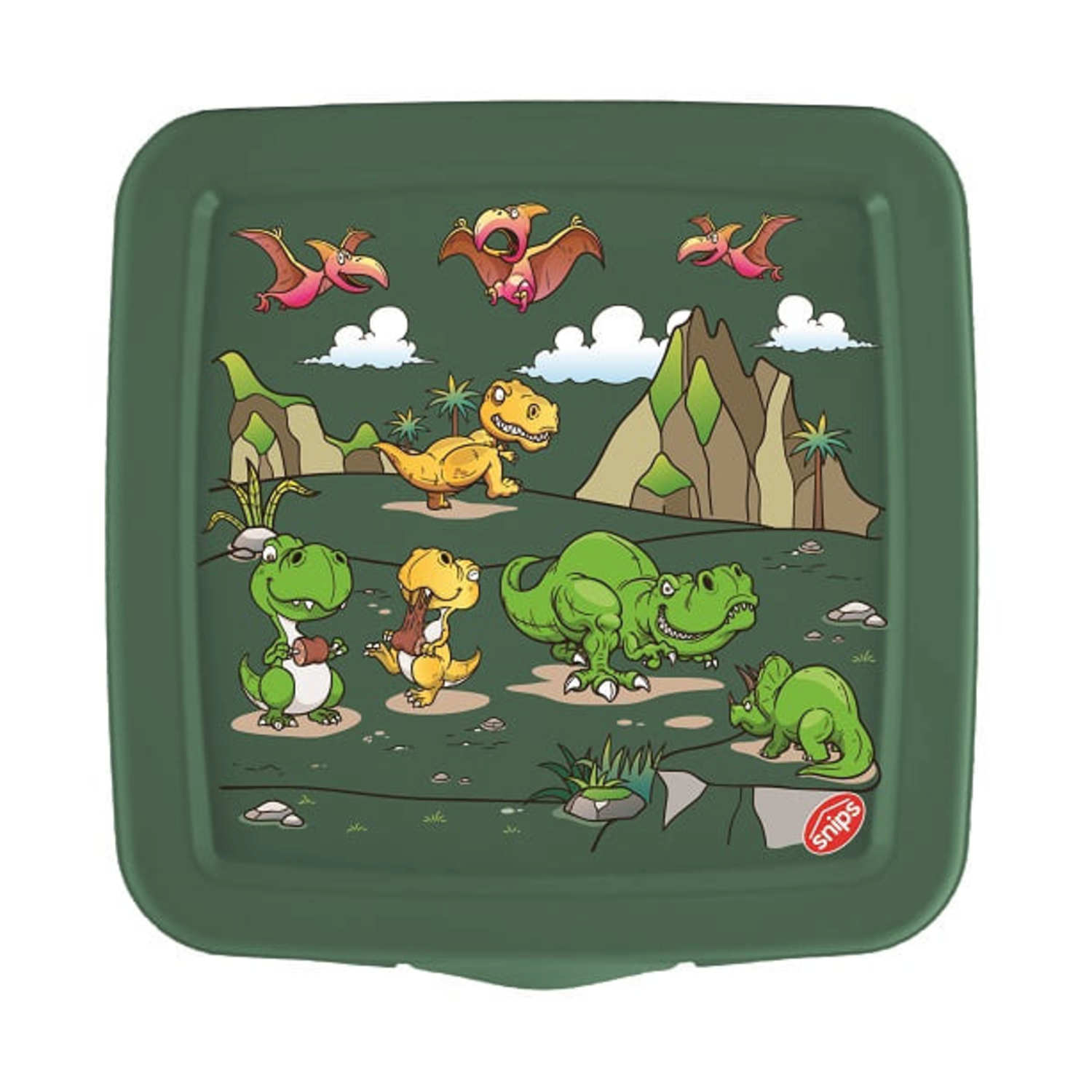 Portapranzo verde con illustrazioni di dinosauri. Dinosauri di vari colori e tipi sono raffigurati su sfondo verde. Pterodattili volano sopra.