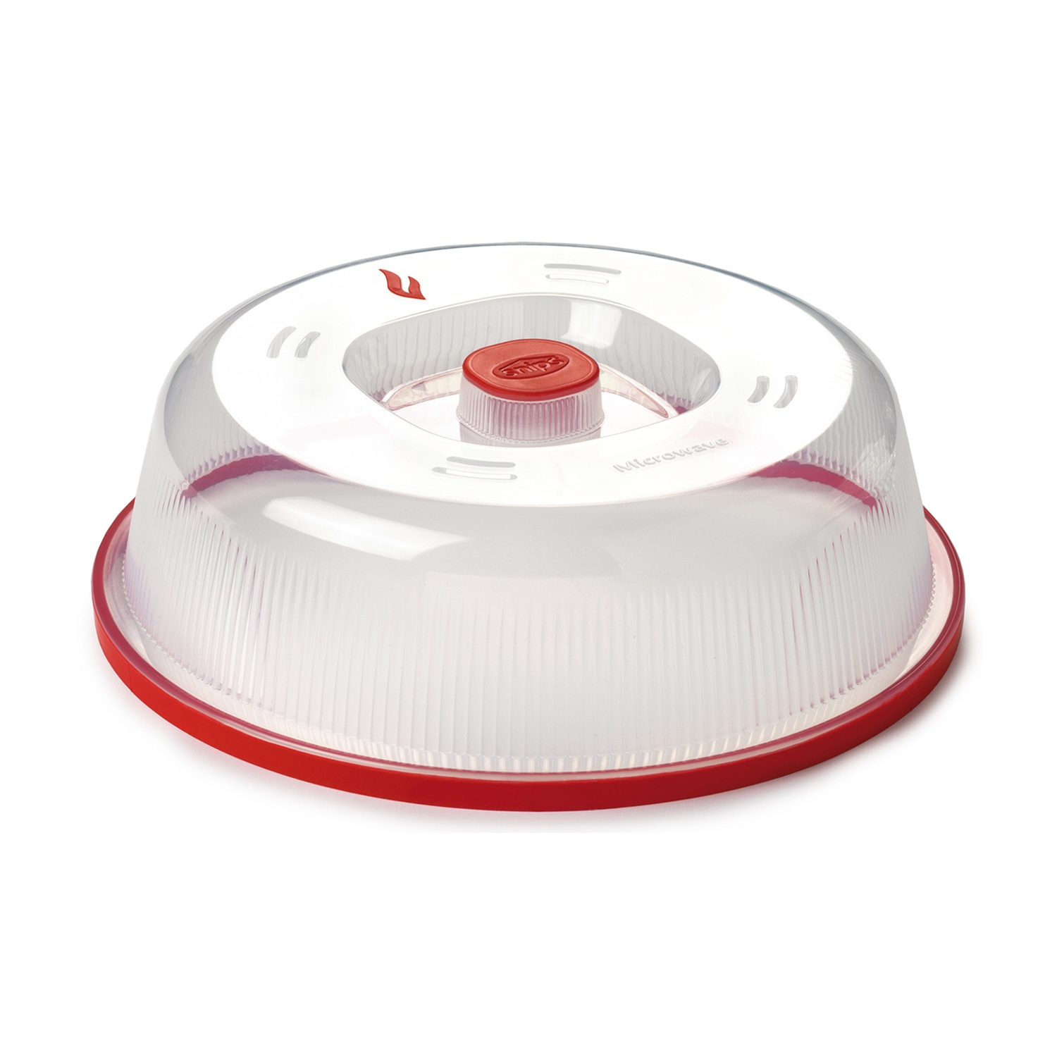 Un coperchio per microonde in plastica trasparente con bordo rosso e parte superiore rossa. Il coperchio è a forma di cupola con una parte superiore circolare.