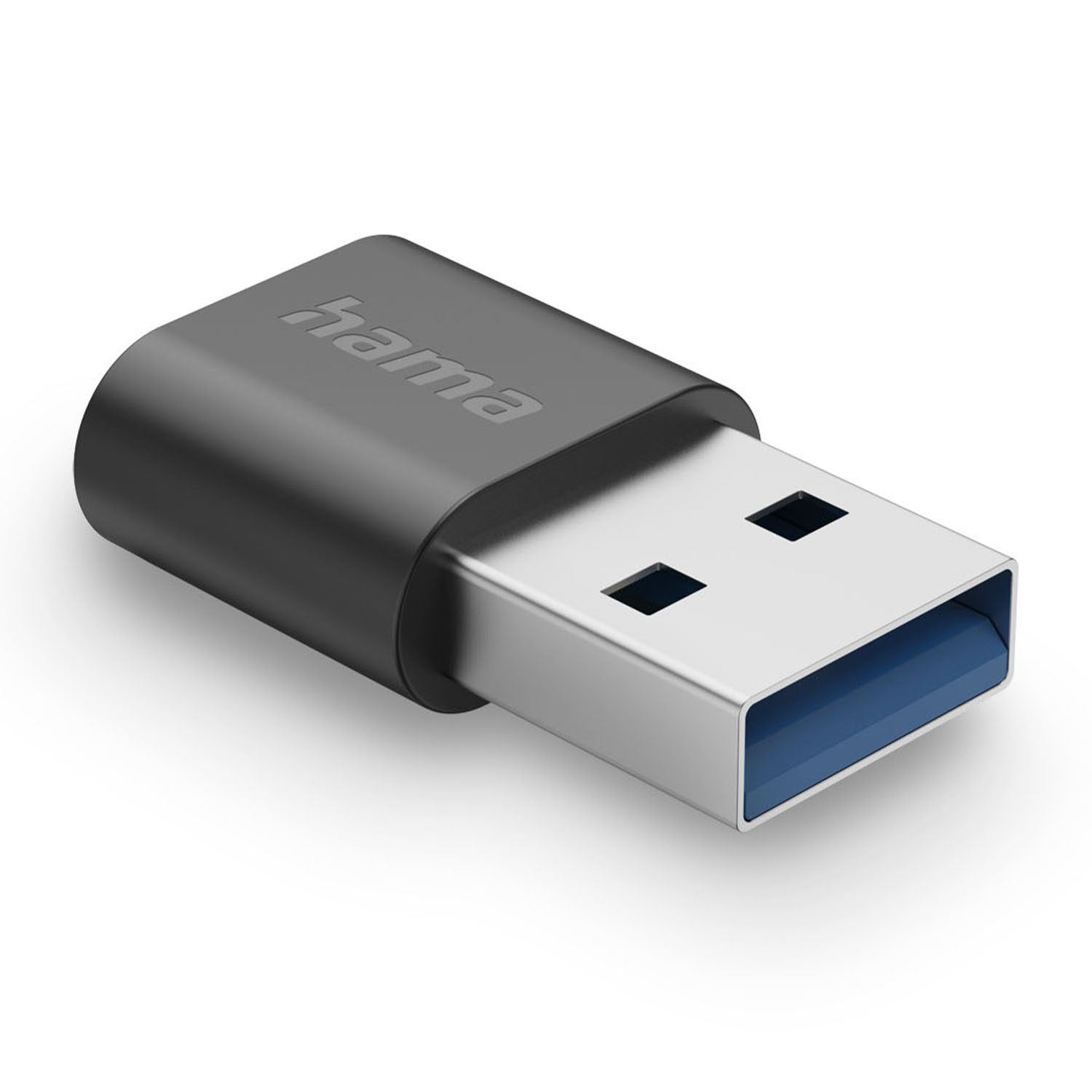 Un adattatore USB nero con 'hama' sopra. Ha un connettore USB argentato con interno blu, su sfondo bianco.