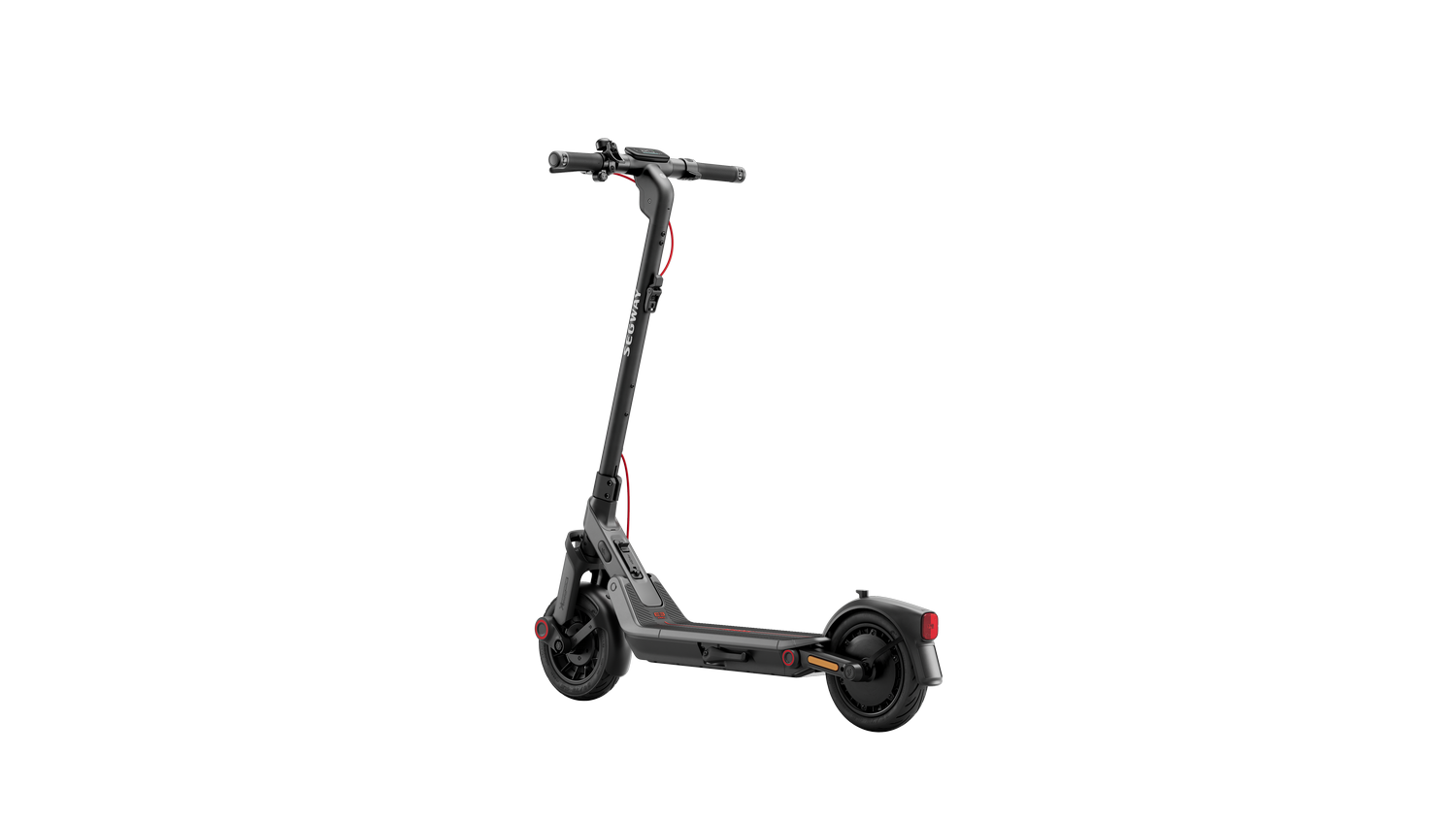 Un patinete eléctrico negro y gris sobre un fondo gris. Tiene detalles rojos y la marca Segway es visible.