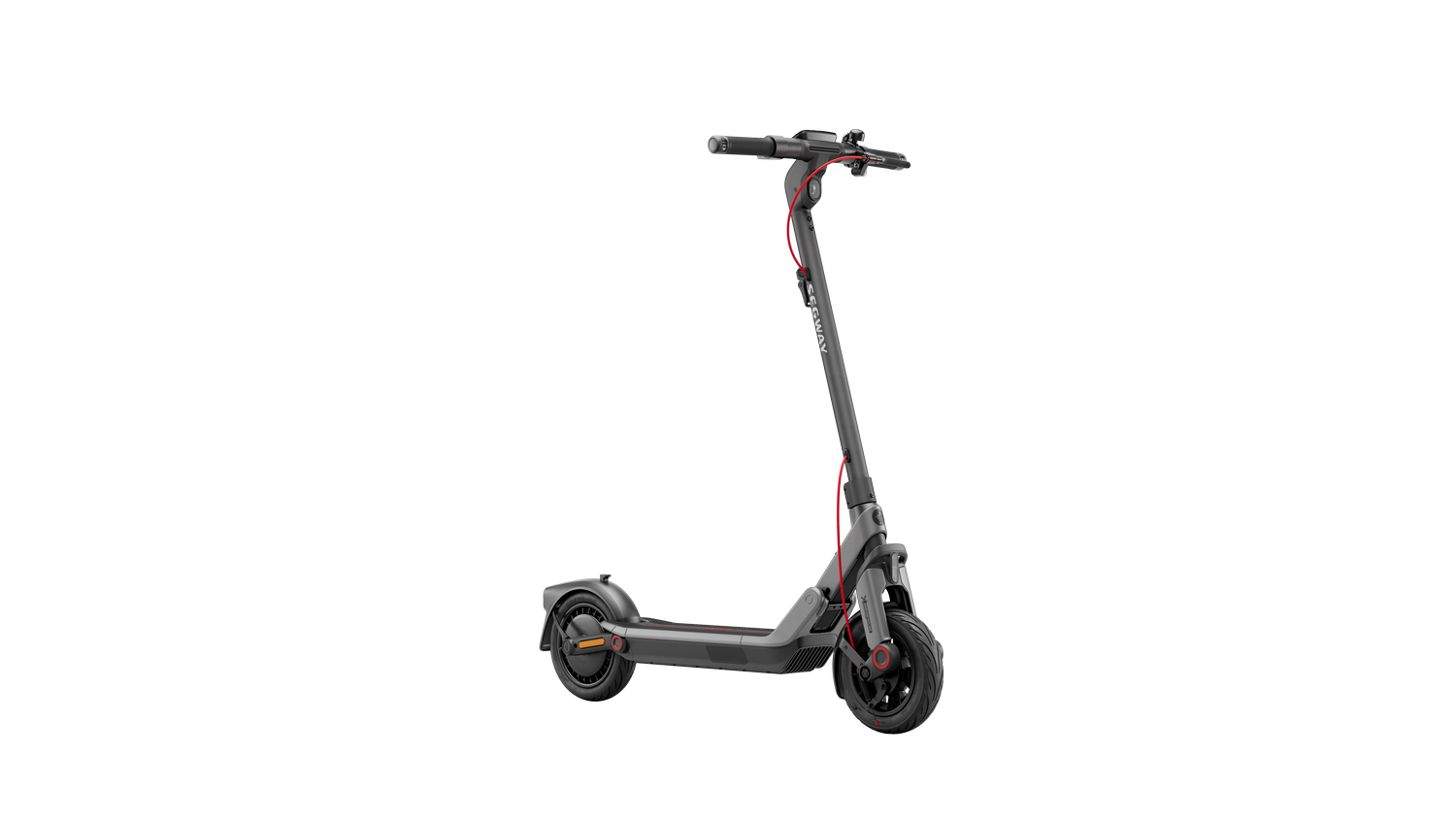 Patinete eléctrico, gris y negro con detalles rojos, sobre fondo gris. Tiene manillar, plataforma y ruedas.