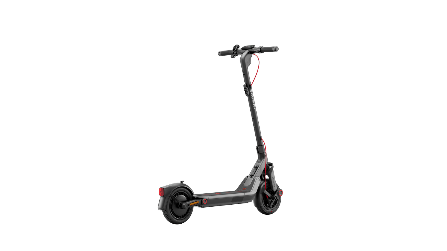 Un patinete eléctrico negro y gris sobre un fondo gris. Tiene detalles rojos y la marca SEGWAY.